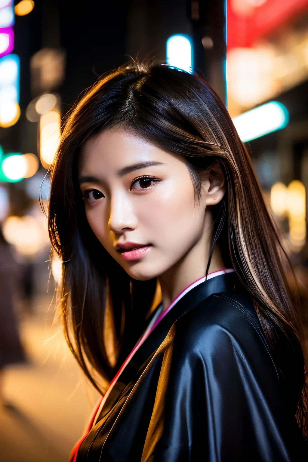 Beautiful Japanese supermodel woman, A lock of hair with slight highlights, black eyes, Sexy，street background，Gorgeous kimono , Liquid color flows across her face, Shooting against the light，Perfect facial lighting，mixed media