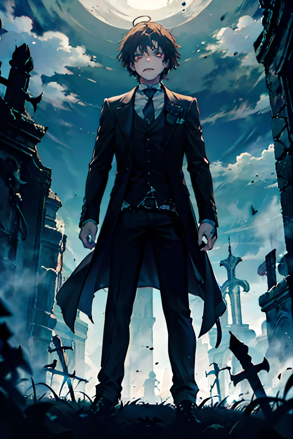 a young man, brown curly hair, gothic clothing, standing beaten in a graveyard, attacked by monsters, at night, scary atmosphere