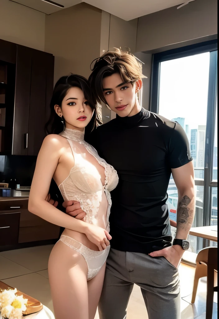 couple,1 girl,1 boy,different hair colors,long golden hair,Turtleneck and lace lingerie,silk socks。short black hair,wavy and(green eyes),Lace T-shirts and underwear,different heights,eyes with details,Face,hand。they look at the audience。they hug。flowers(清晰的hand指:2.0)(clear facial features:2.0)