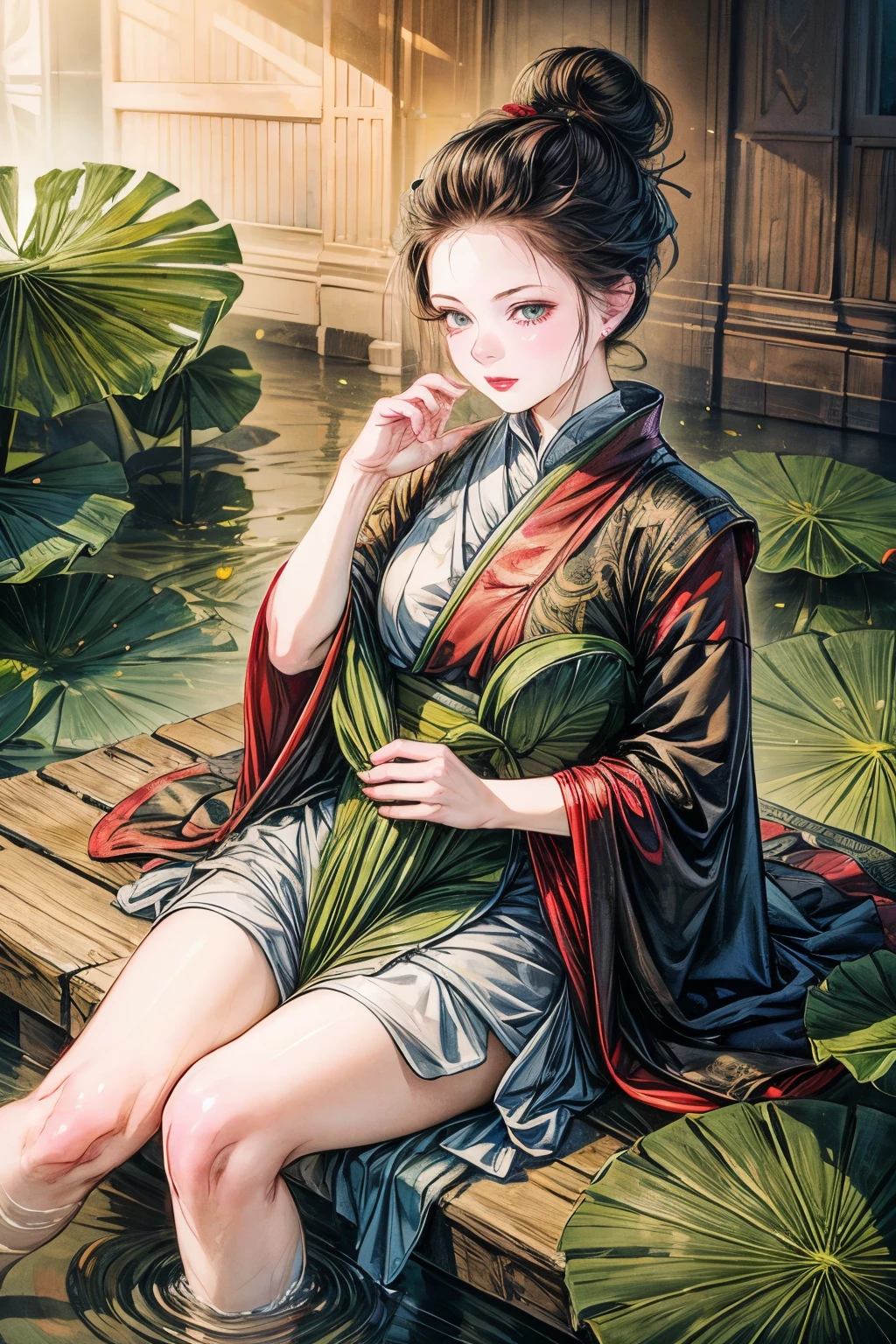 1 girl, Solo, Giant lotus leaf, Black hair, dress, Looking at the audience, White dress, hair-bun, Sitting, single hair bun, Leaves, Long sleeves, Red lips, Realistic