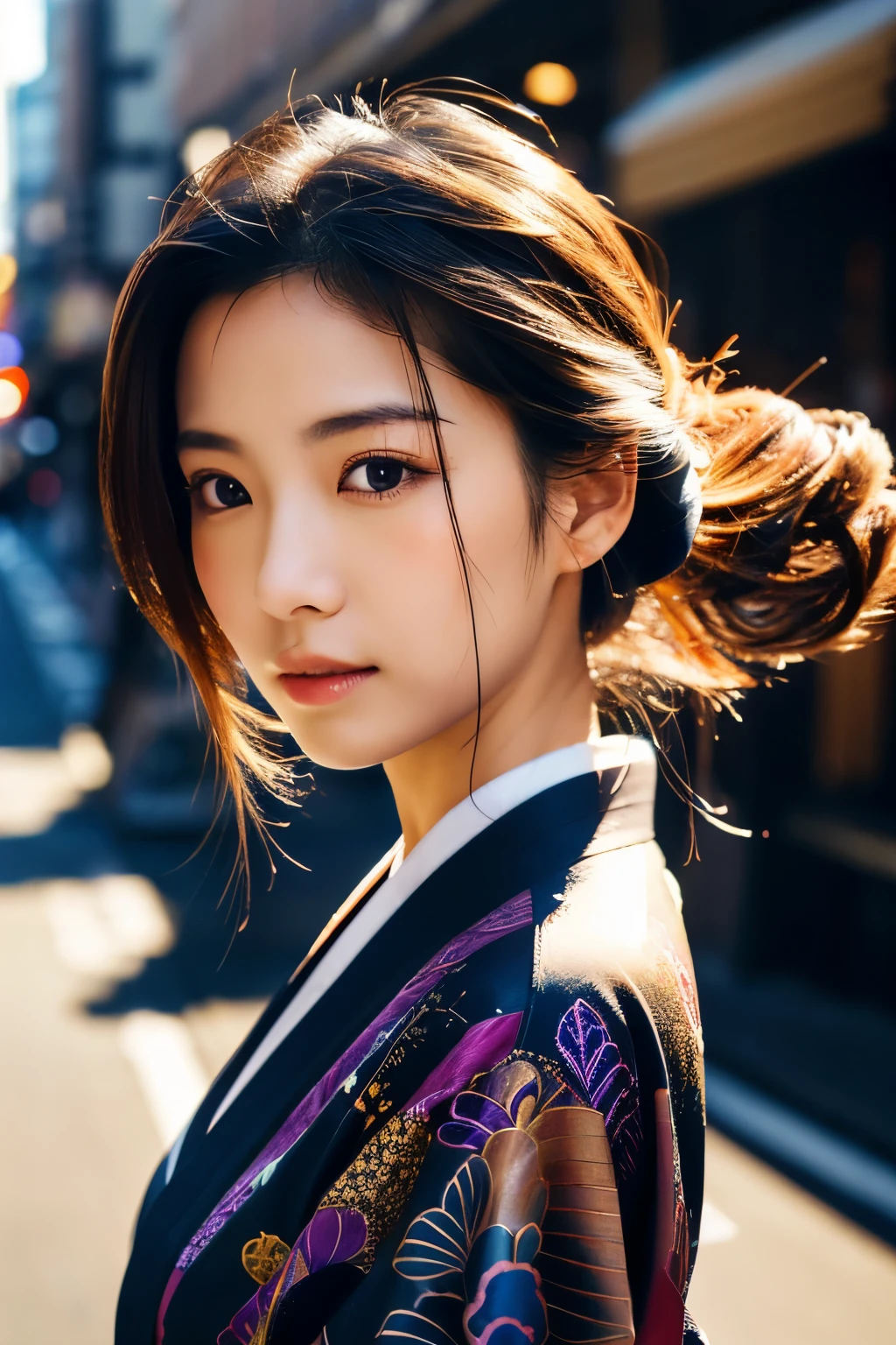 Beautiful Japanese supermodel woman, A lock of hair with slight highlights, black eyes, Sexy，street background，Gorgeous kimono , Liquid color flows across her face, Shooting against the light，Perfect facial lighting，mixed media