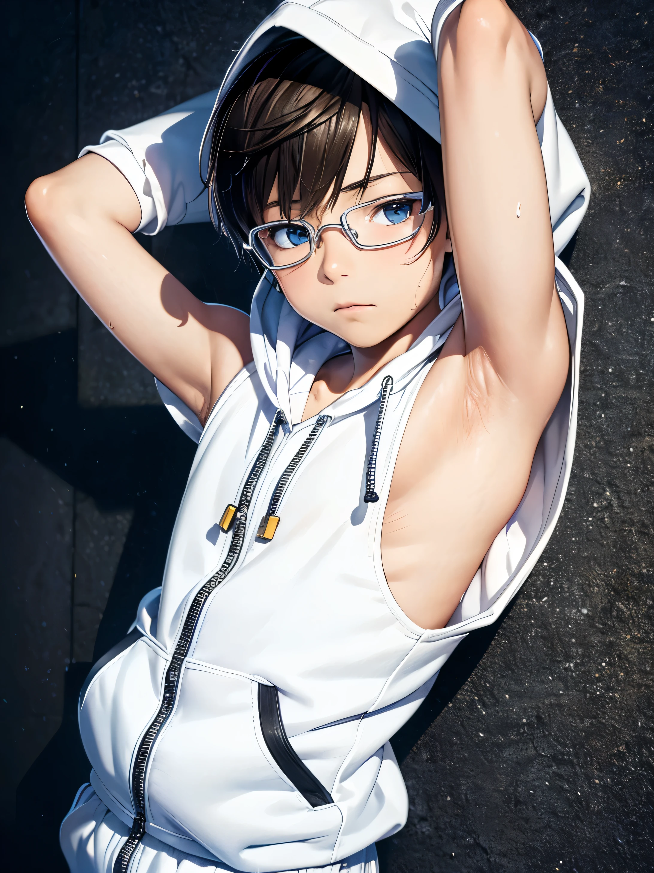 highres,Masterpiece， Best quality at best,Best Quality,hight quality, hight detailed, Realistic, Photorealistic, Anime style, 1boy, Shota, White hoodie with yellow stripes, Google glass , The hoodie is sleeveless and has an open zipper, (very small and short stature), (very young boy), (very small and short body), 12-year-old boys, (Showing armpit:1.3), hansome, Sweat