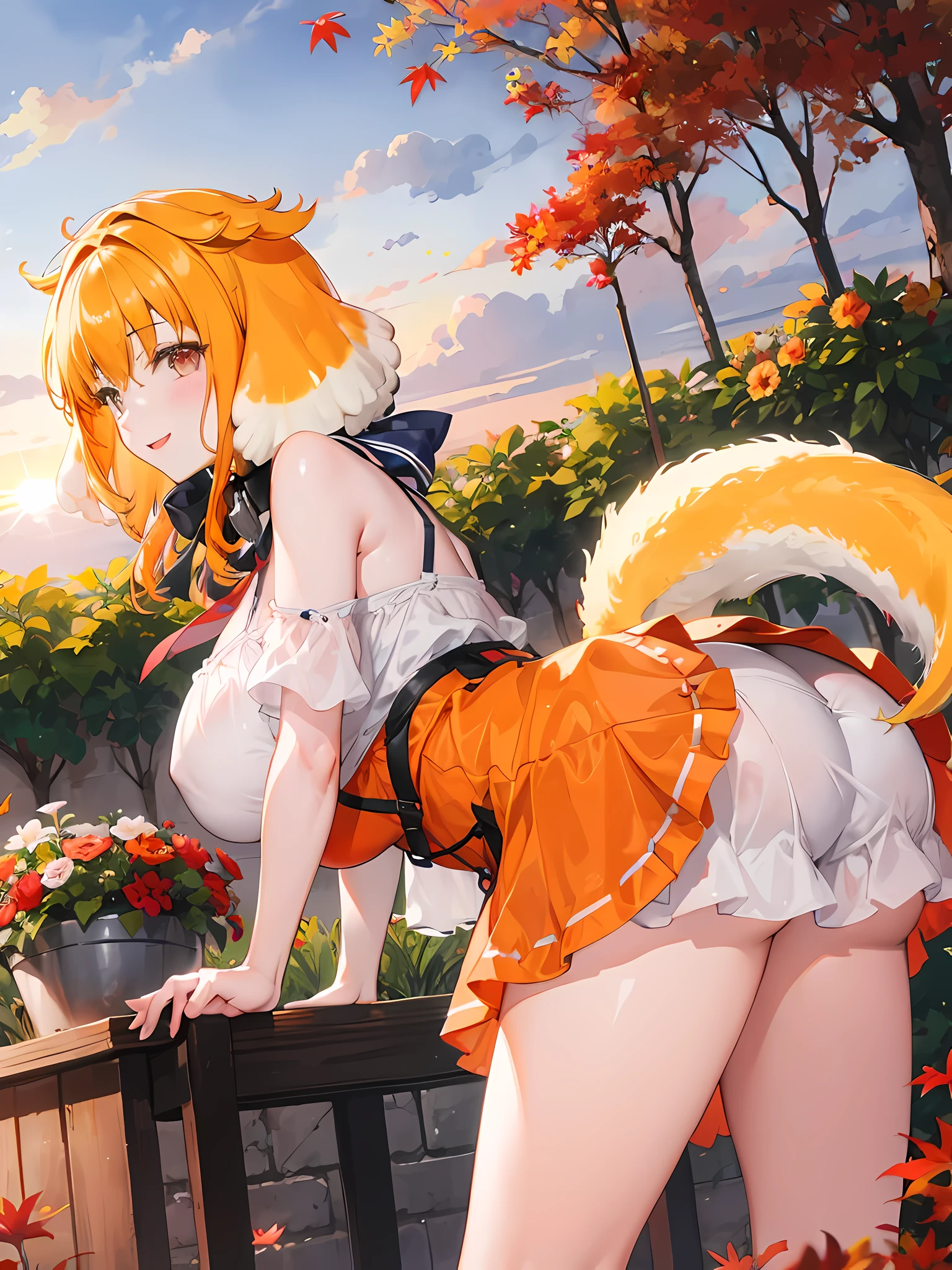 masterpiece, best quality, roxanne, dog ears, collar, sundress, looking at viewer, garden, autumn, sunset, large breasts, ass, smile edgYSD, woman wearing a sundress, very voluminous dog tail, dog tail starts above butt, dog tail starts from skin, dog tail goes above dress