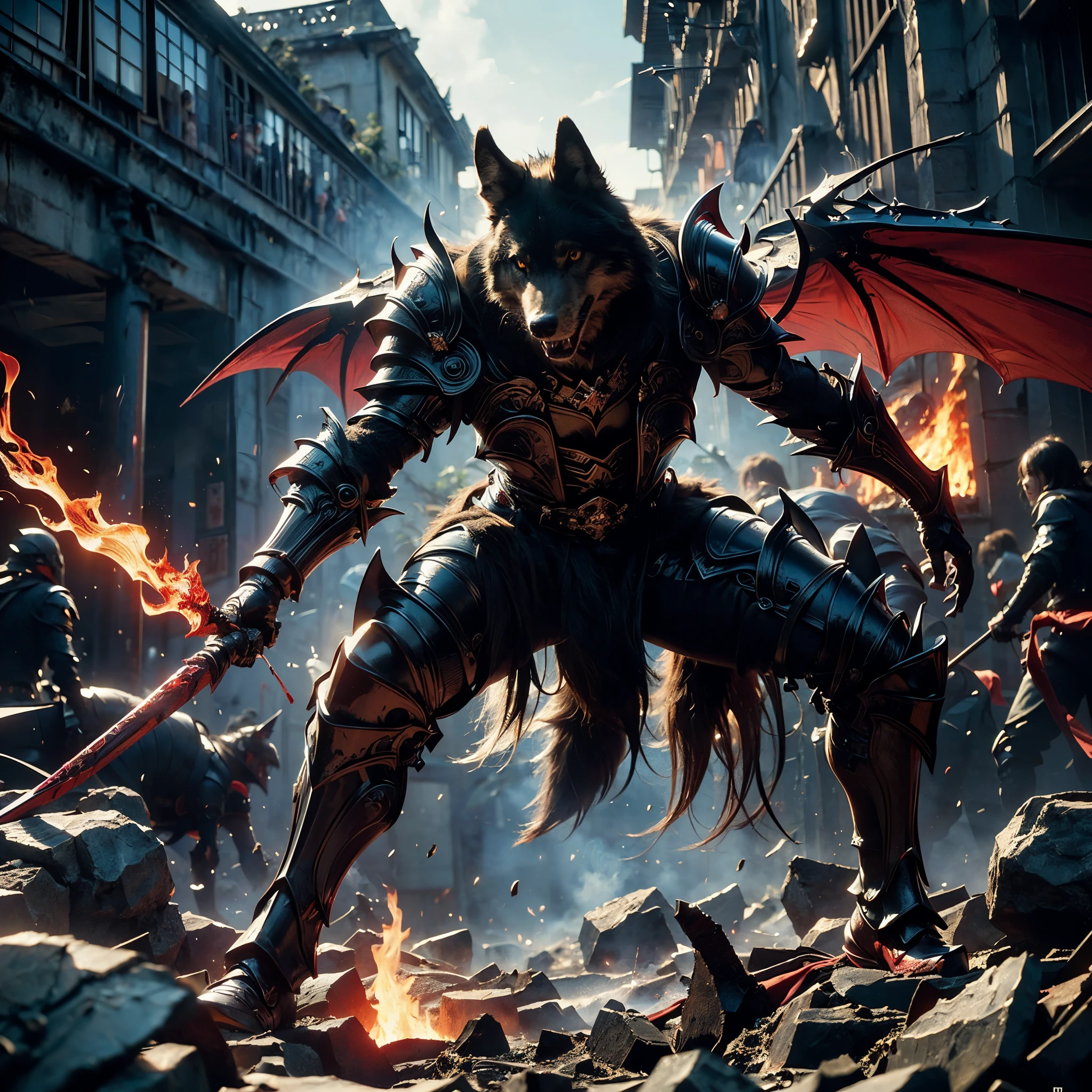 (((Realistic, masterpiece, best quality, crisp detail, high definition, high detail, very rich detail, sharp focus, sharp detail, colorful, rich color, perfect studio lightning))), ((20 years old, beautiful devil, kasumi arimura, evil gothic make up, flying, floating)),(((in the middle of war, epic war scene, attack stance))), wearing (((beautiful decorated black heavy armor, dark dragon armor, decorated full body armor, fully armored beautiful kimono, wide fire diabolos wings))), (flying, holding giant blade, blood scattered face, blood tears, blood bath, blood shed), (((fire everywhere, blood everywhere, death everywhere, japan bakumatsu period, dead bodies,carcass,burned japanese castle, cerberus, three headed wolves, were wolves, hellish,chaos, inferno)) traditional village background, dark atmosphere, bloody night)