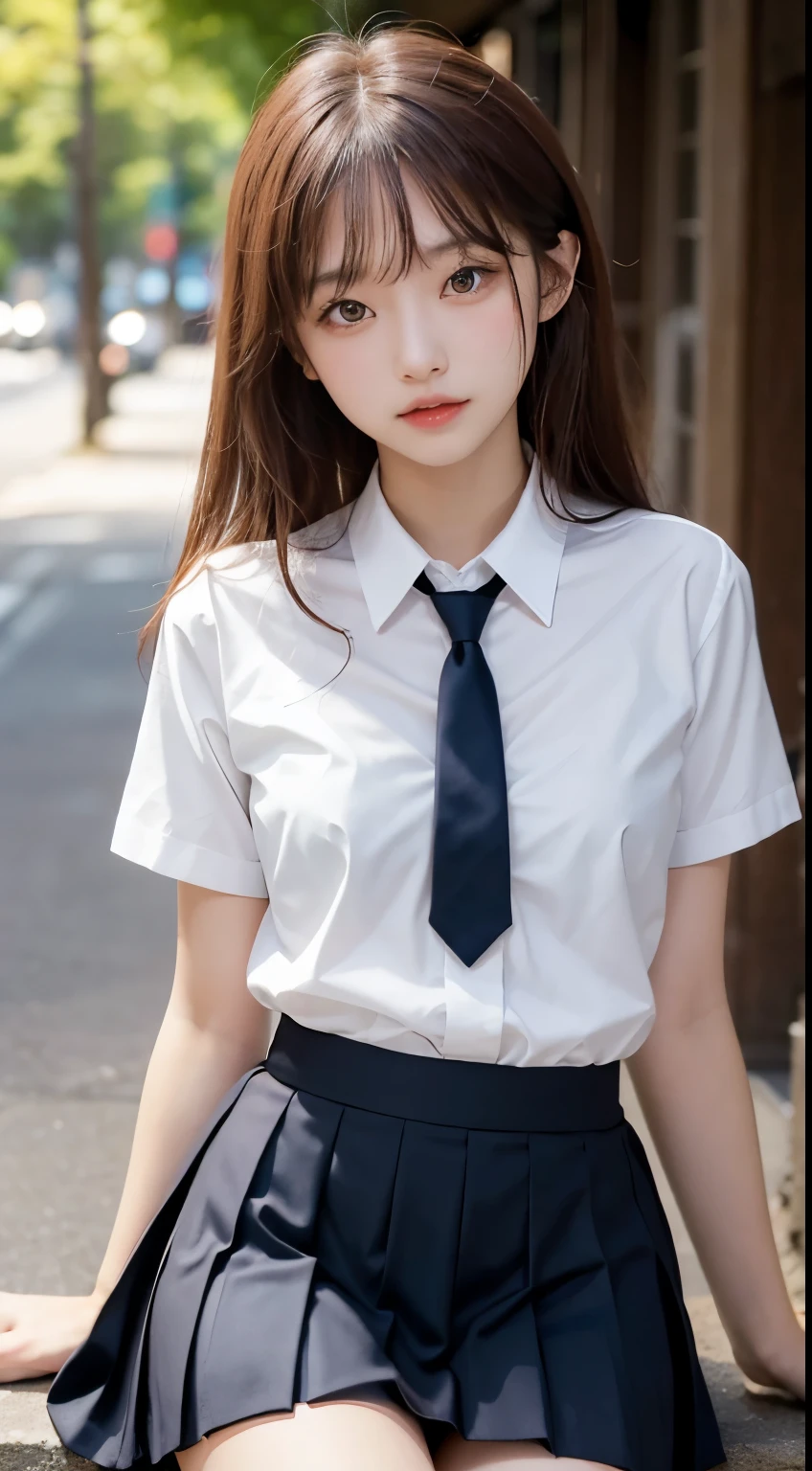 (table top, highest quality:1.2), 8K, 18-year-old, 85mm, official art, Raw photo, absurd, white dress shirt, cute face, close, Upper body, violaces, gardenia, beautiful girl, , cardigan、 (navy pleated skirt:1.1), Cinch West, thighs thighs thighs, short sleeve, hair above one eye、in the street, looking at the viewer, no makeup, (smile:0.6), film grain, chromatic aberration, sharp focus, face light, clear lighting, teen, detailed face, background bokeh, (dark red tie:1.1)、medium breasts