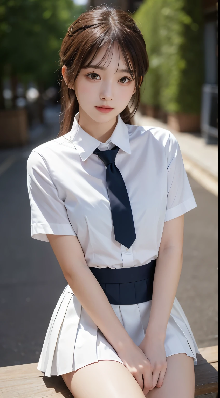 (table top, highest quality:1.2), 8K, 18-year-old, 85mm, official art, Raw photo, absurd, white dress shirt, cute face, close, Upper body, violaces, gardenia, beautiful girl, , cardigan、 (navy pleated skirt:1.1), Cinch West, thighs thighs thighs, short sleeve, hair above one eye、in the street, looking at the viewer, no makeup, (smile:0.6), film grain, chromatic aberration, sharp focus, face light, clear lighting, teen, detailed face, background bokeh, (dark red tie:1.1)、medium breasts
