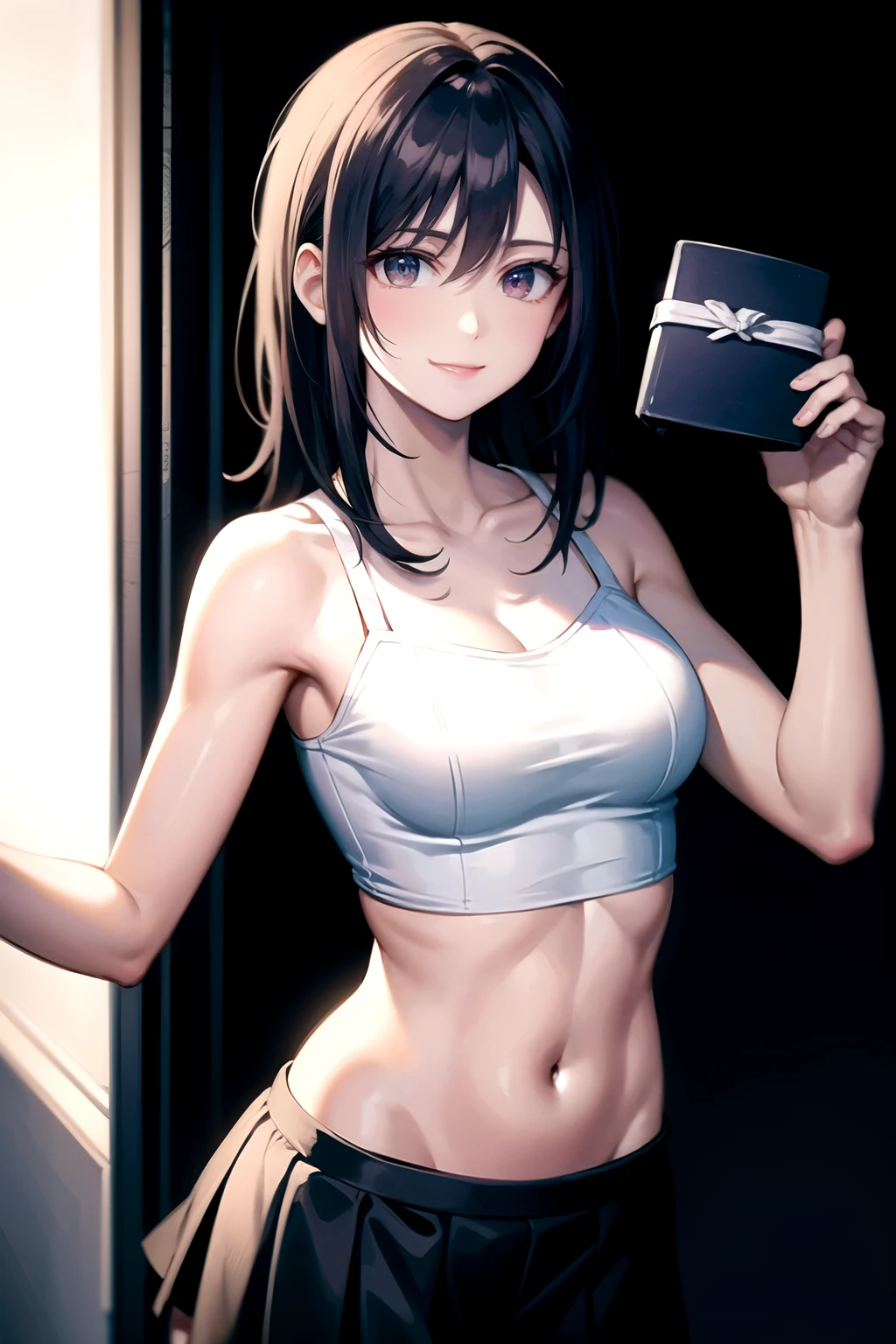 ((Masterpiece)),((High quality)),((High resolution)),((Extremely accurate and detailed representation of the human body)), Wearing a short white camisole on the upper body, gray pleated skirt on the lower body, exposing the navel. Holding a present box in the left hand. Medium-length hair, narrow-eyed, slim, small-chested woman of 25 years old, with a triumphant smile.