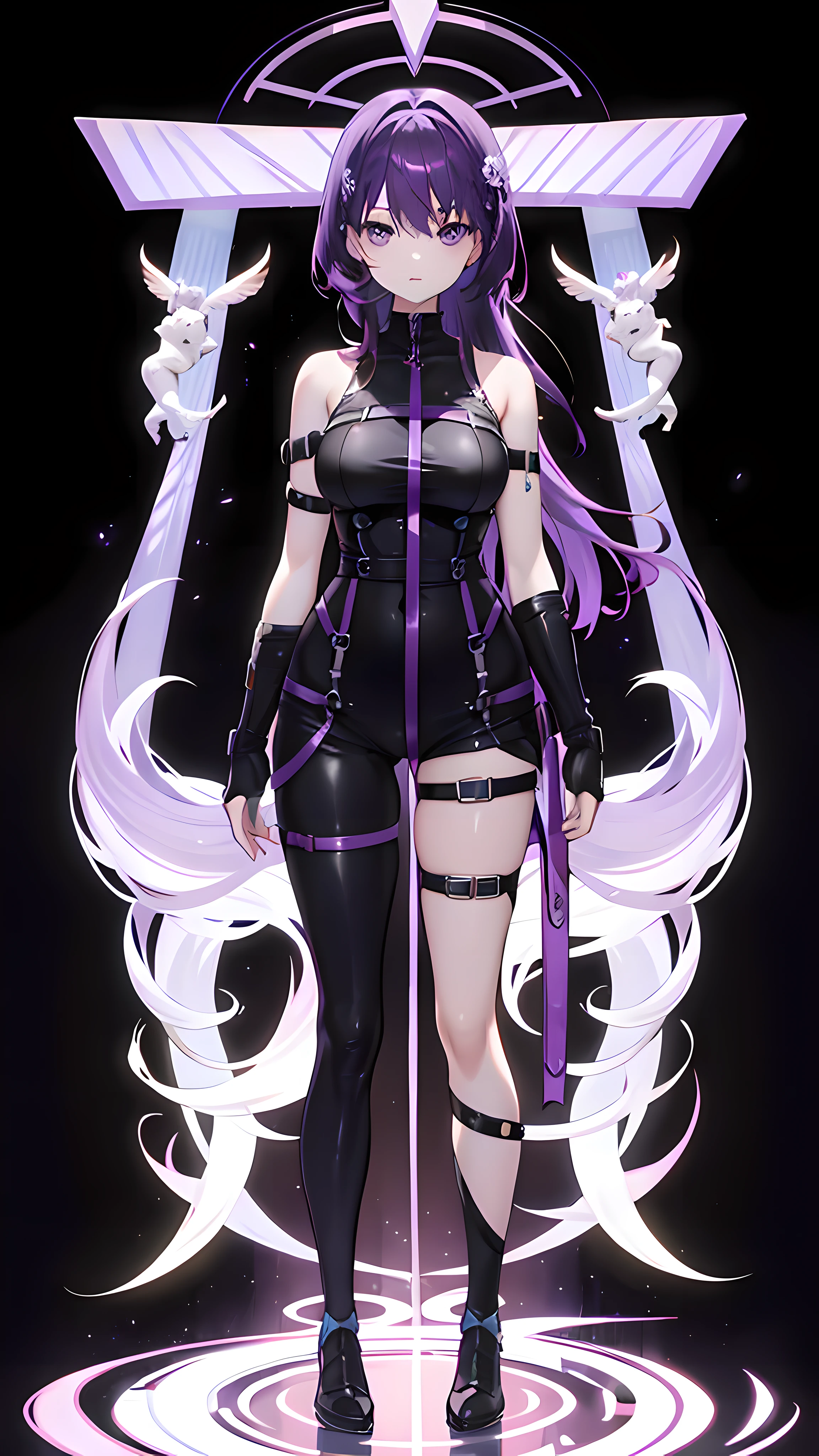 whole body,FullBody,Standing picture,standing position,upright,arm to the side,Harness,purple hair,