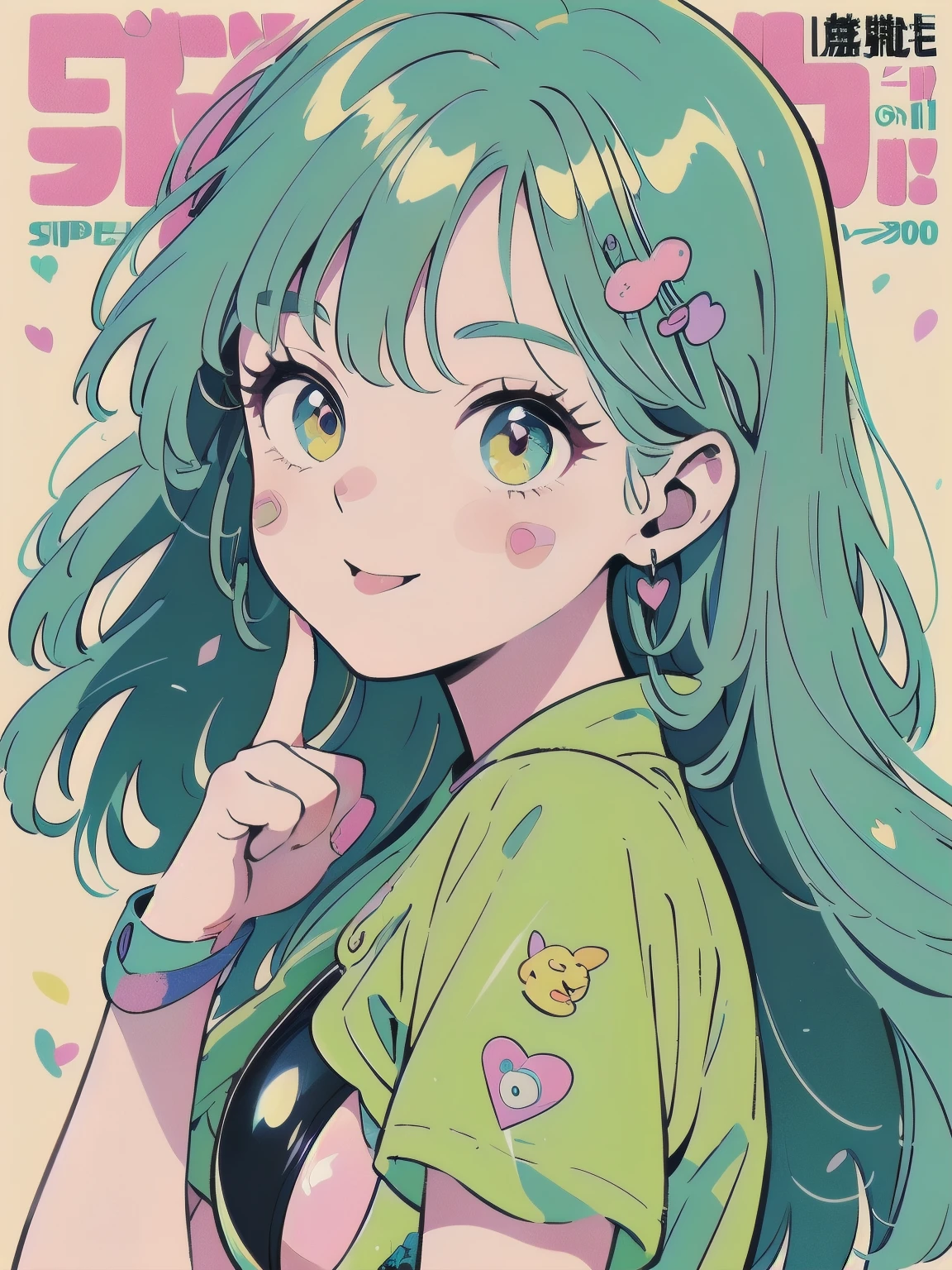 pink and blue hair, straight hair, dull bangs, yellow eyes, yellow eyelashes, Beautiful Girls in Anime ,clean small surfaces, (magazine cover:1), ((from before:1.3))、((purse your lips, Throw kiss, flirty smile)), (Lots of stickers:1.5), 1 cute girl, highest quality、ウルトラ - High resolution、High resolution、Detailed CG、8k unit wallpaper、17 years old、fine and beautiful eyes, (((Different types of colorful super shiny latex swimsuits)))、(shiny body,:1.5)、((bikini top, bikini bottom long socks、tech sneakers))、big breasts、full of embarrassment、(Ahegao:1.5), (Please stick out your tongue a little), ((portrait))