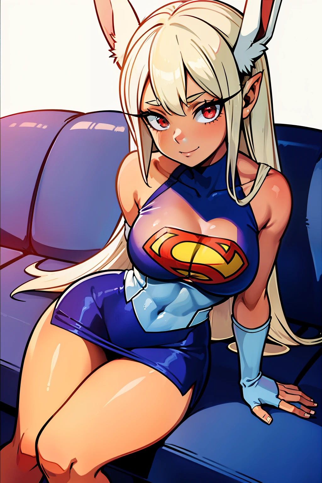 Cute girls,ojos rojos redondos, cabello blanco、orejas de conejo,sexy、sonriendo,Peinado liso medio a largo、(Bigboobs,vestido de superman,traje de superman,En una casa de alquiler,sitting on the couch,Noche,estaba lloviendo afuera,Upper body is wet.,cuerpo entero,lleva un traje de superman,lleva un traje de superman,orejas de conejo