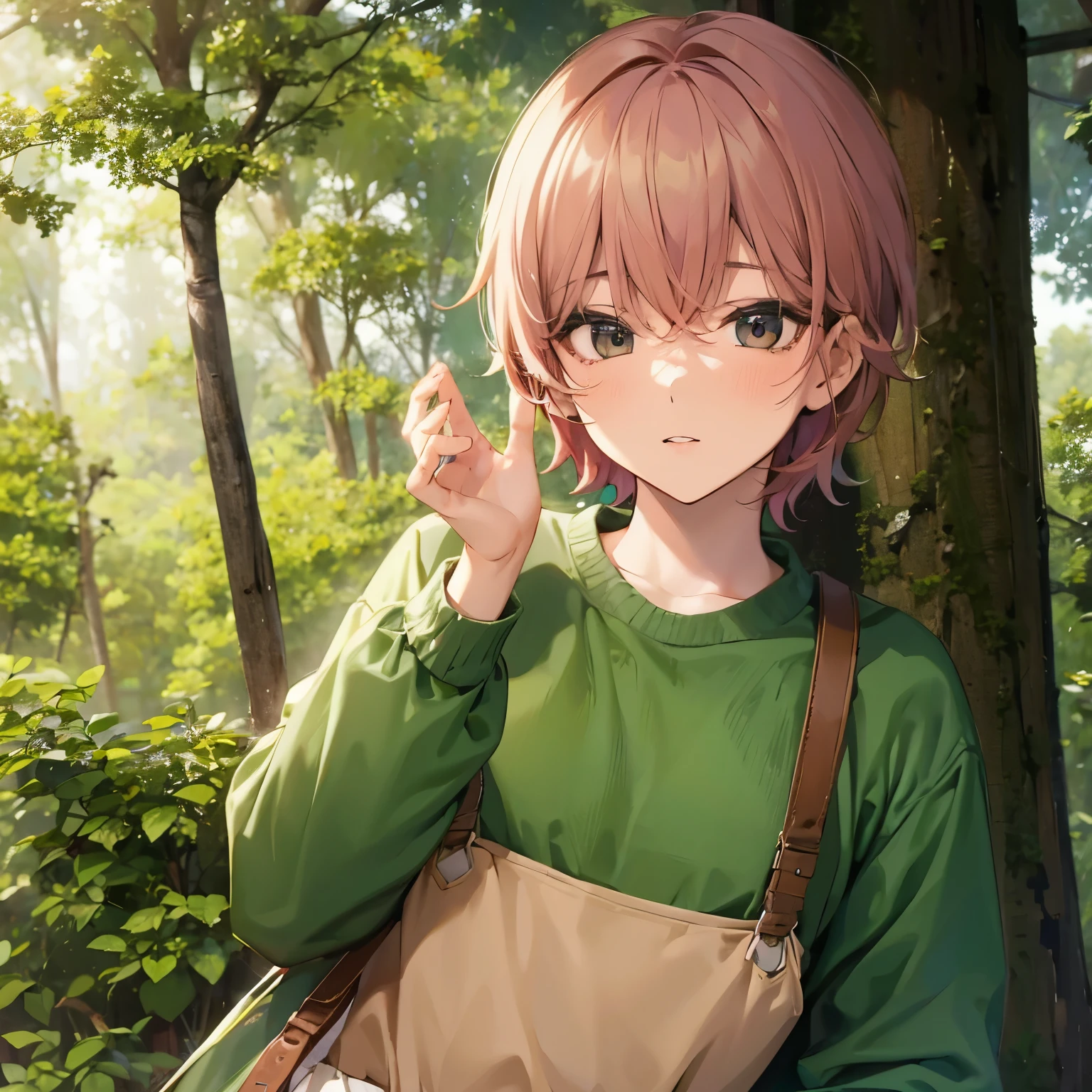 Jimin de bts en el bosque usando ropa de un tono beige, con un poco de tierra en su cara, q tenga un ojo verde esmeralda y el otro ojo verde manzana