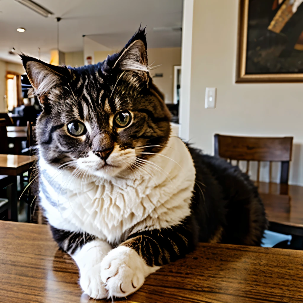 realistic photo of a fluffy cat next to the table 