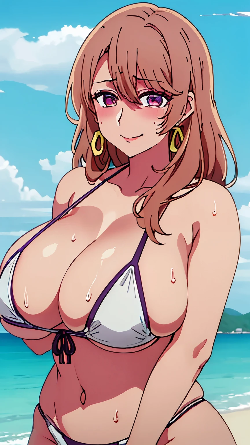 beach,water,sea,happy smile,(bikini:1),(gigantic breasts:1.2),sweat,steam,blush,saitou_miyako_oshinoko,brown_hair, bangs, long_hair, earrings, jewelry, hair_between_eyes, closed_mouth, purple_eyes,mature females,cowboy shot
