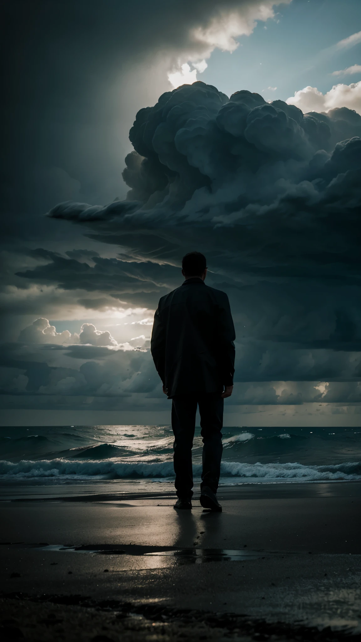 A man shadow standing resiliently facing the strong wind , storm , ocean , depression them