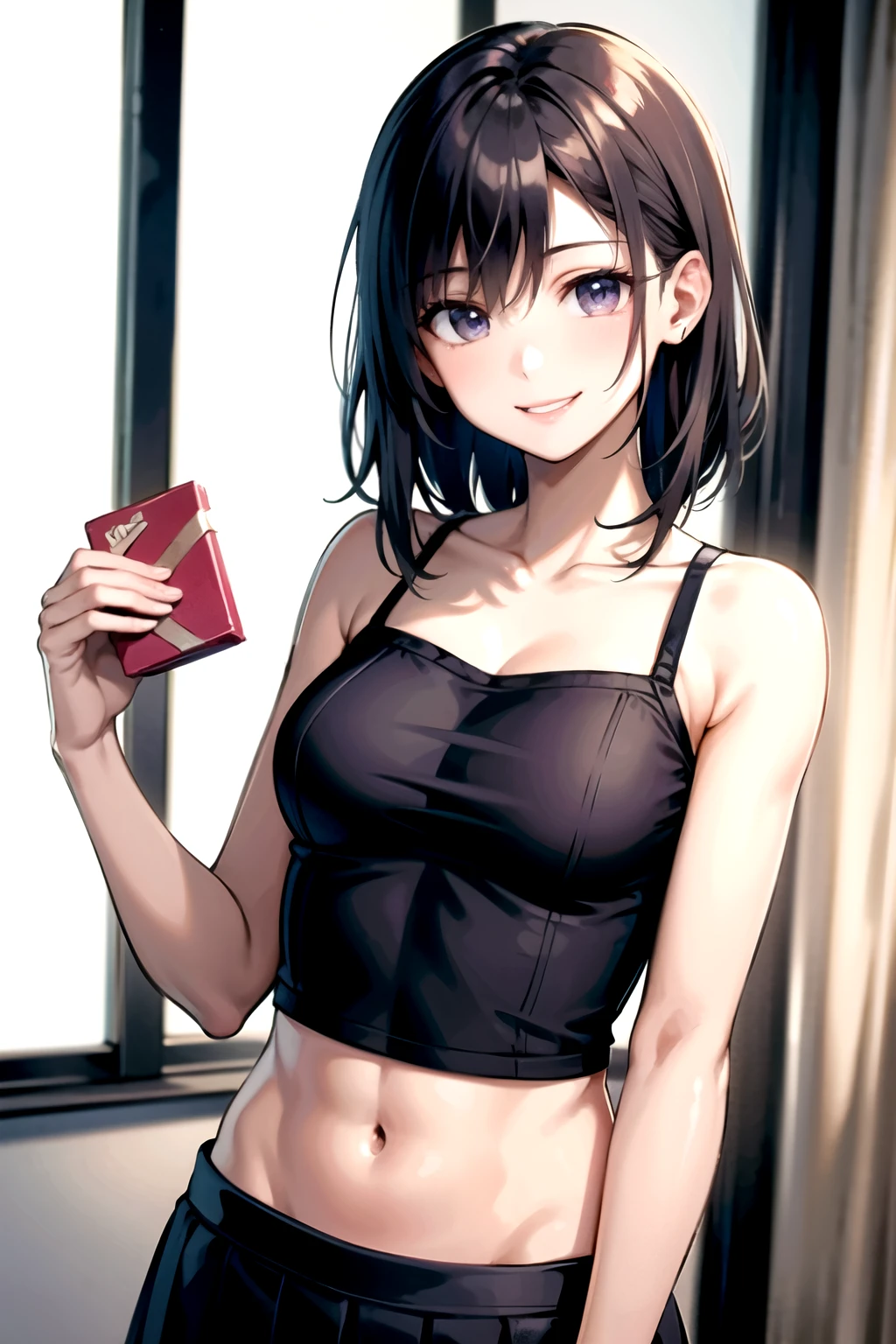 ((Masterpiece)),((High quality)),((High resolution)),((Extremely accurate and detailed representation of the human body)), Wearing a short white camisole on the upper body, gray pleated skirt on the lower body, exposing the navel. Holding a present box in the left hand. Medium-length hair, narrow-eyed, slim, small-chested woman of 25 years old, with a triumphant smile.