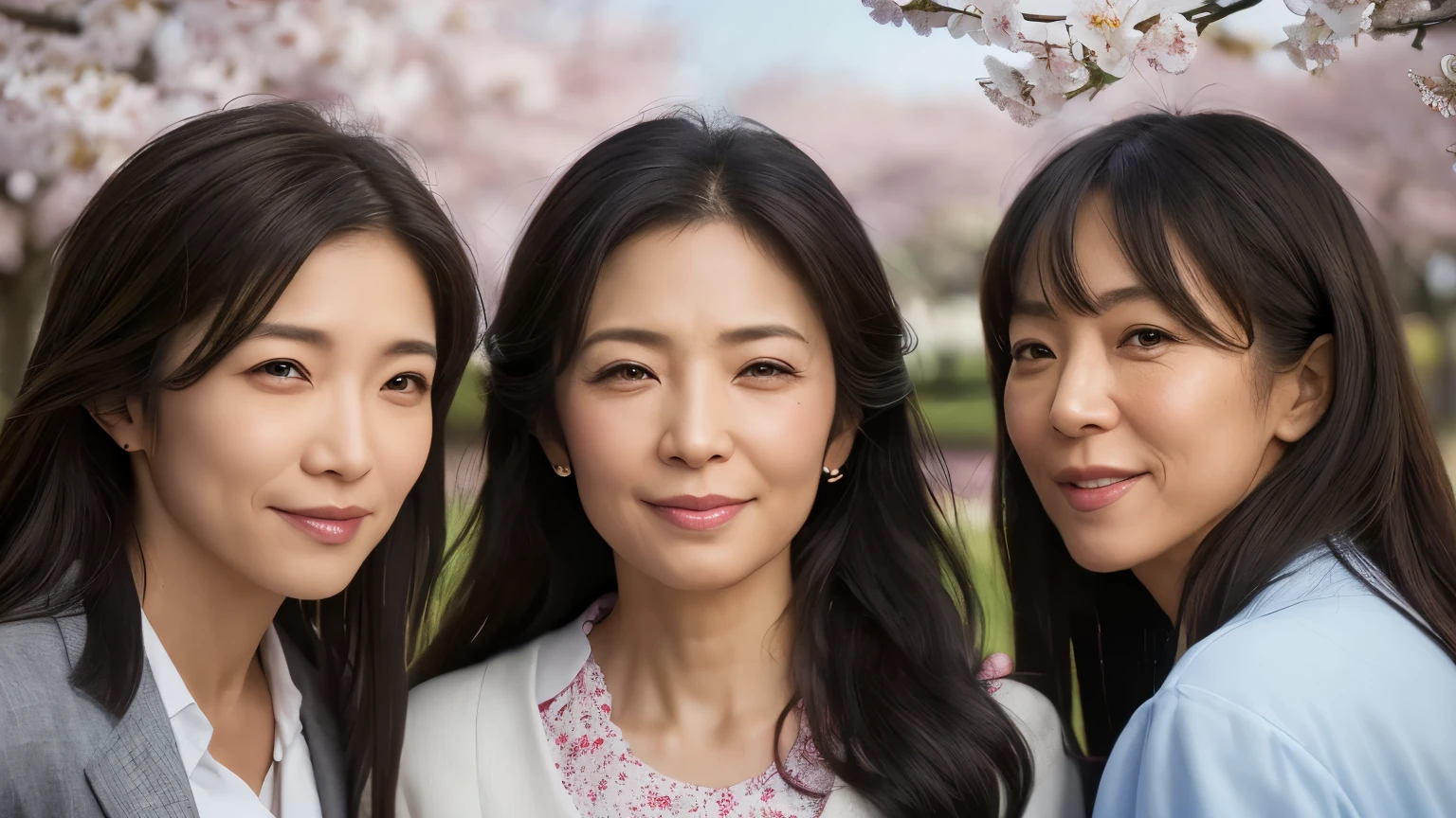 NSFW, ((Top Quality)), ((8K)), ((Masterpiece: 1.3)), (Perfect Appearance), (Photorealism: 1.2), ((3 women having a chat)), ((3 women)), (A park with cherry blossoms in full bloom), (3 woman looking up at the trees overhead),

Japanese 3 women, (3 women, 55 and 32 and 46 years old), Realistic skin texture, Fine wrinkles throughout the skin, Dull skin, Skin without moisture, Wrinkles on the face, Wrinkles on the corners of the eyes, Double eyelids, tear bags on the lower eyelids, Crying moles, Lips are thinly opened, The corners of his mouth are raised and he smiles gently, Dimples, medium long hair, ((whole body)),