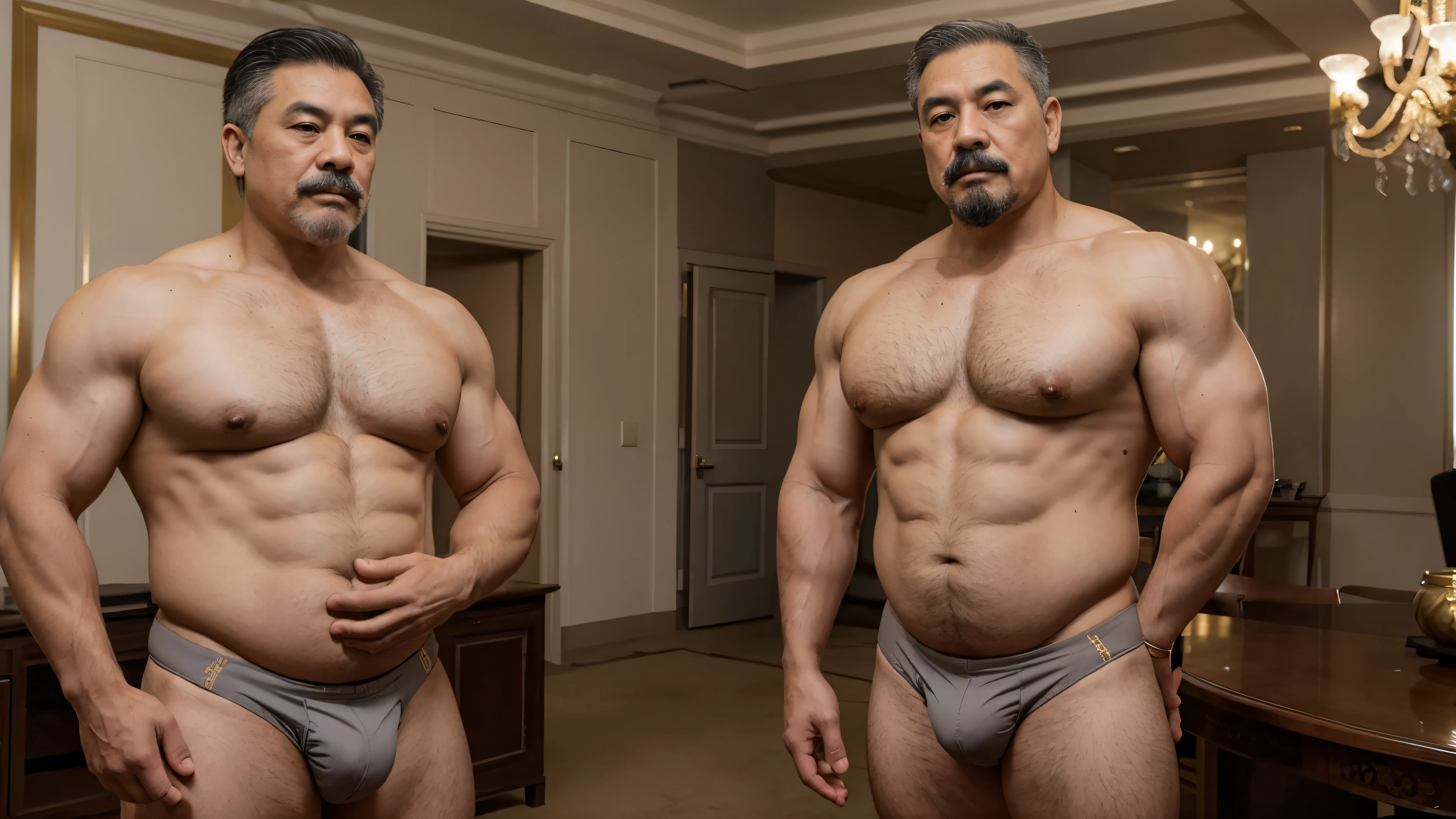 2 Vietnamese grandfathers with gray hair, mature face, a thick mustache, a short chin beard, bear body, wearing a massive bulging gray jockstraps standing at the president room, have belly, big muscular chest, a sexy pose.