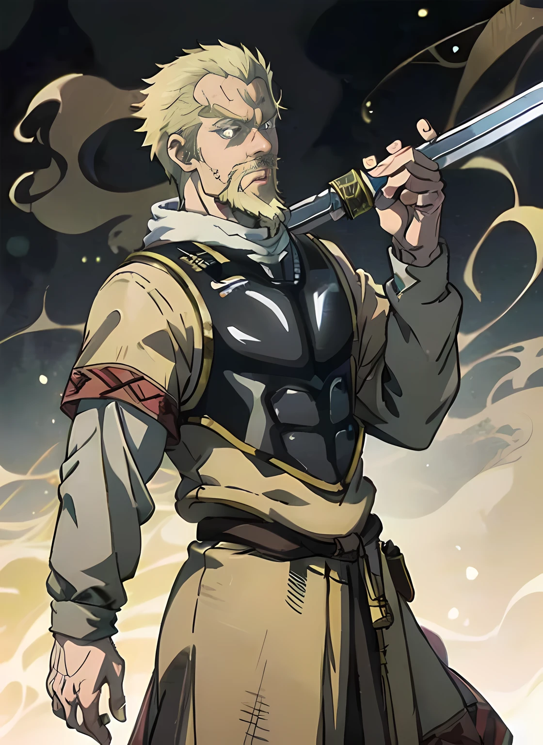 askeladd, vinland saga, a man with a beard, boromir in an anime world, smiling confidently, holding a sword in one hand, a man with a sword in his hand, head to waist visible, a human male, front - shot, with a light leather armor, flowing robes and leather armor, ((cool Viking pose)), ((mighty)), ((plain background)), ((best quality)),((masterpiece)), ((perfect face)), ((perfect eyes)), ((ultra detailed)) ((perfect hands)), ((5 fingers)), ((anime artstyle)), ((thin outline)