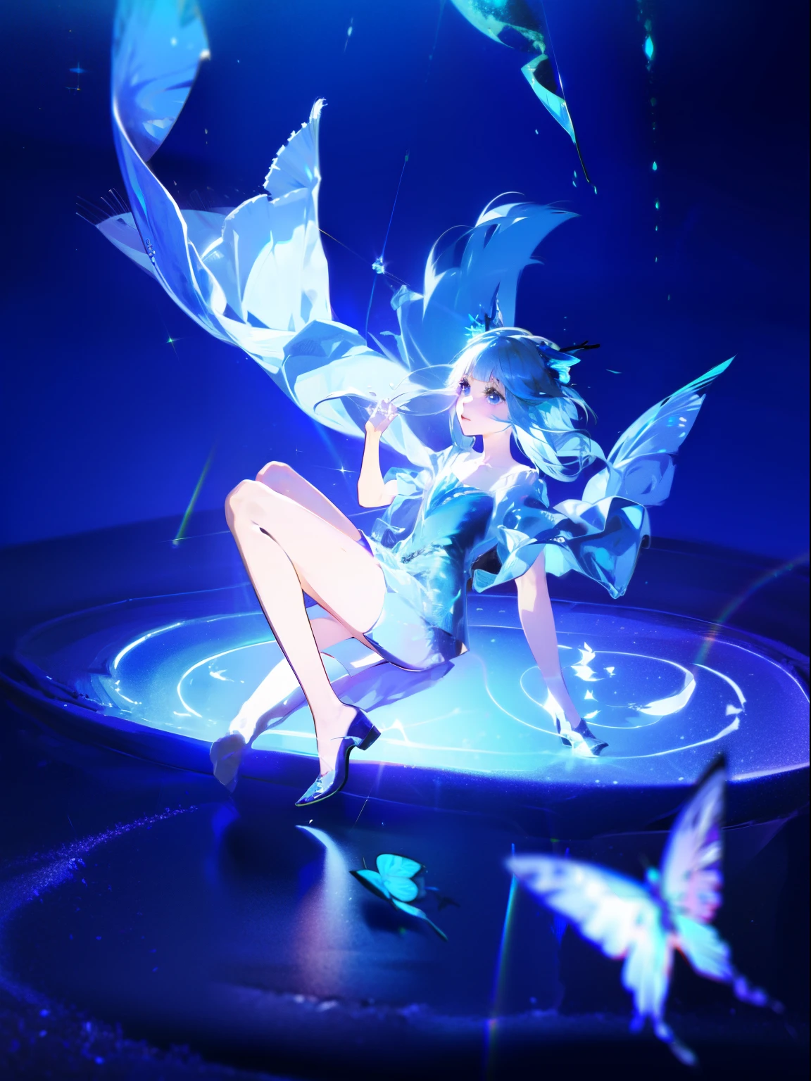 Lots of blue butterflies、Background Black、Line art、Neon LightThe overall look is dark,Blue glow, Glowing Blue, Glowing Details!, Glowing Aesthetics, Shining with Magical Light, White Glowing Veins, Glowing Details, Shimmering with Colorful Lights, Bioluminescent Skin!, with Glowing Blue lights, anime characters; full body art, Glow effect, Luminous veins, Blue light. fantasy, A cartoon girl in a glowing outfit sits on the ground. The neon on her body is the light source.