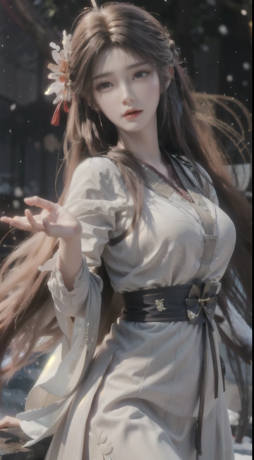 (logo、masterpiece、8K、desktop、original photo、wonderful、high quality、Mitsushi、Ultra-fine CG integrated 8K wallpaper、high quality、Very detailed、narrative poem、particle effects、dynamic effect、writing border depth、film light、Lens flash、Ray tracing、anatomically precise)、fantasy、1 beauty、black hair、Red head rope,browneyes、long hair、Beautiful face、Real face、thick beautiful eyes、Beautiful skin、Tree with long hair and frost,The tranquility and beauty of the world,ice and snow,wind,God's Story,vast land
