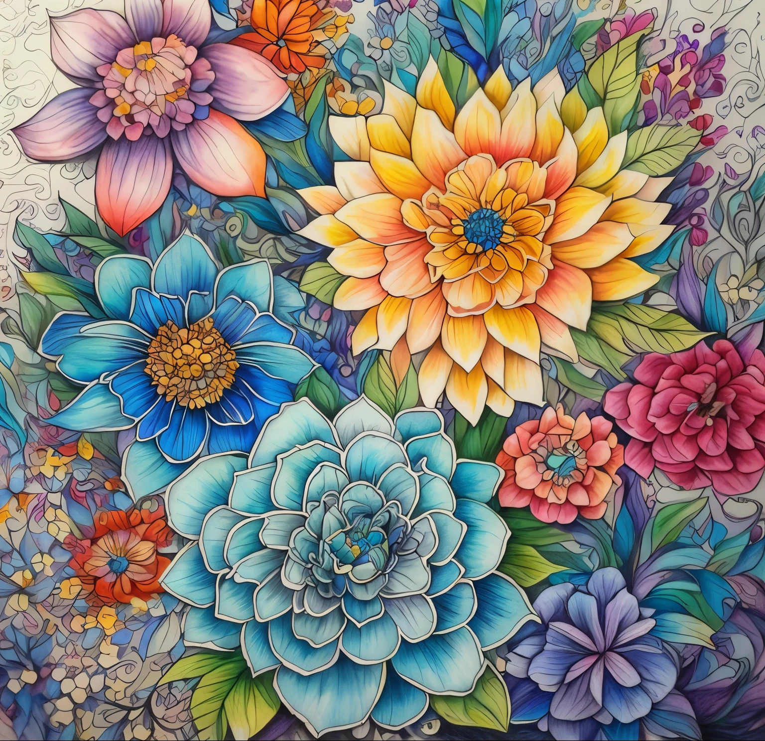 Flowers drawn on a piece of paper with a blue background, rich and colorful!! Very detailed, flowers with complex detail, highly complex and colorful, Full of color and rich details, Detailed colors, flowery explosion, Color pencil art on paper, Detailed flower, complex colors, bright colors Very detailed, complex details painting, flowery! complex, Rich colors, Magical colorful flowers