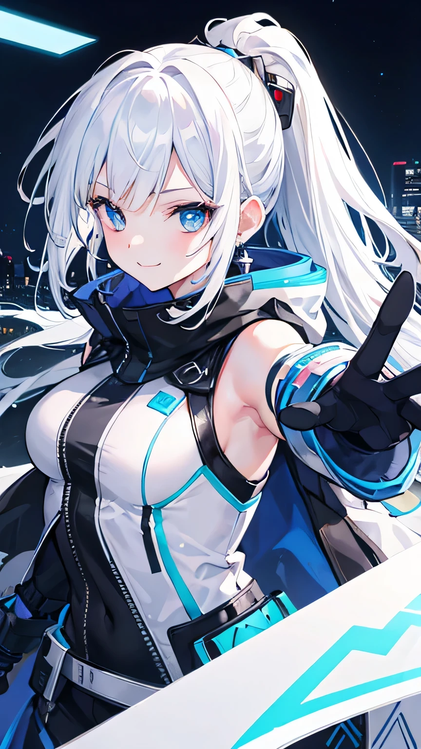 1 girl, solo, colorful, blue eyes, cyberpunk, cityscape, moon background, peace sign, earrings, ponytail hair, white hair, waving arms, beautiful lights, character focus, CG illustration, bust shot, white color jacket, black sleeveless gloves, black transparent mouth veil, 8k resolution, very detailed, anatomically correct, digital painting, concept art, clear picture, loving smile