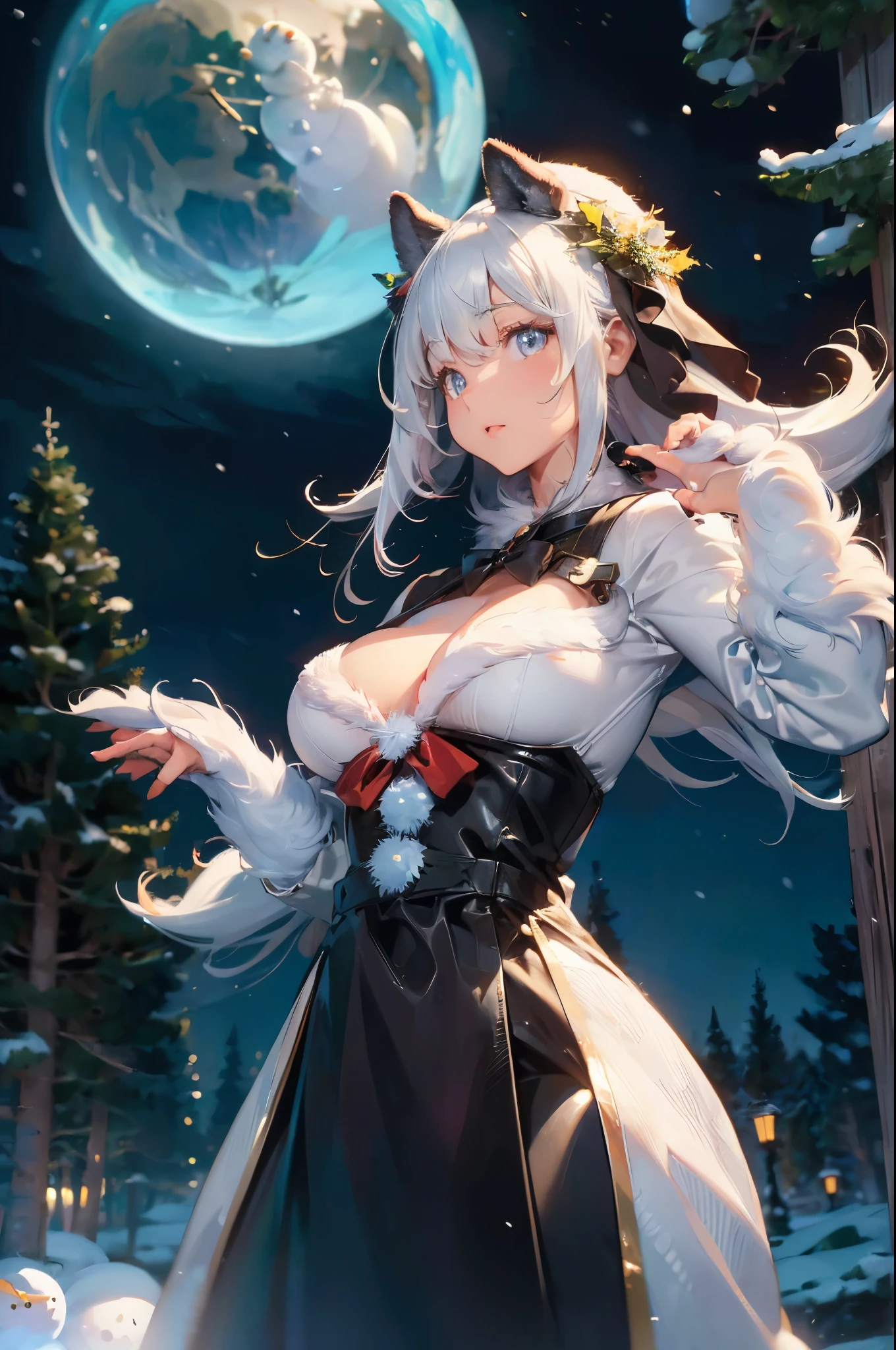 (long hair, silver hair:1.3), purple eyes, hair ornament, pale skin, curvy, anatomically correct, heavy breathing, huge breasts, mature female, lace-trimmed nightgown, see-through dress, lace-trimmed hairband, anime coloring, anime screencap, hollow eyes, purple eyes, looking at viewer, (heavy breathing:1.2), smirk, upper teeth, lips, glaring eyes, nsfw art, 