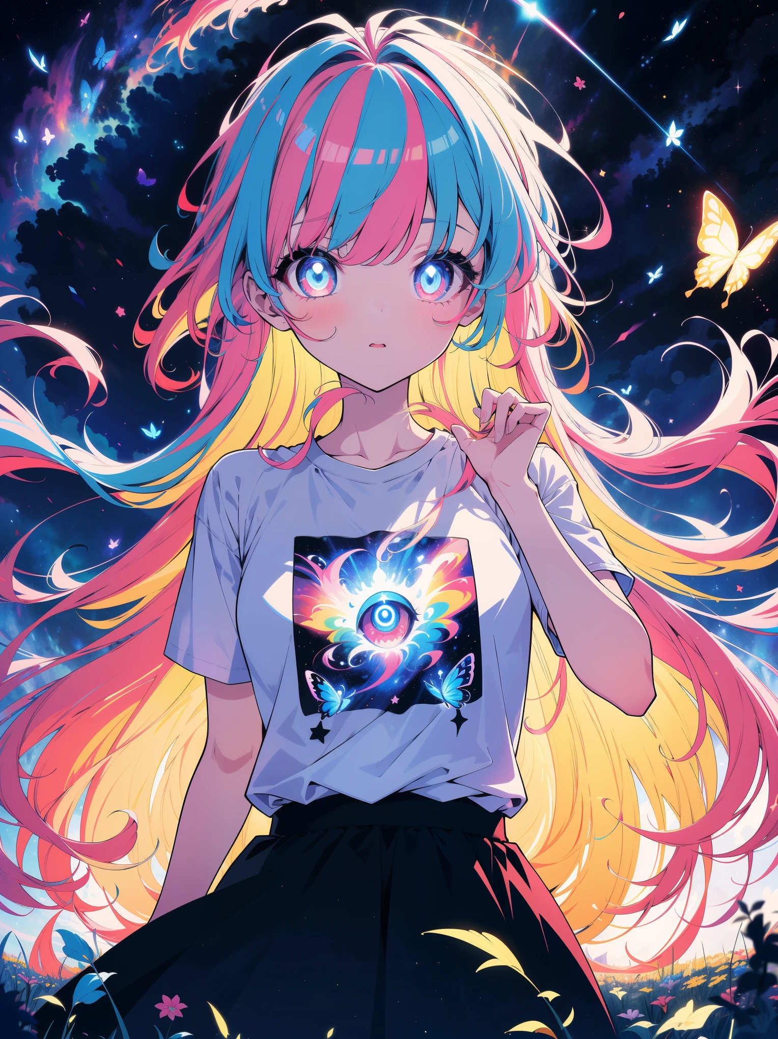 1girl,masterpiece, best quality,incredibly absurdres,long hair,(((glowing colorfull meadow))),fantasy colorfull,starry sky,night sky,standing,glowing butterfly,glowing effect,(white t-shirt),oversized shirt,looking at viewer,close view,facing viewer,glowing eyes,glowing nebula sky,((ducking forward)),surprised,pov