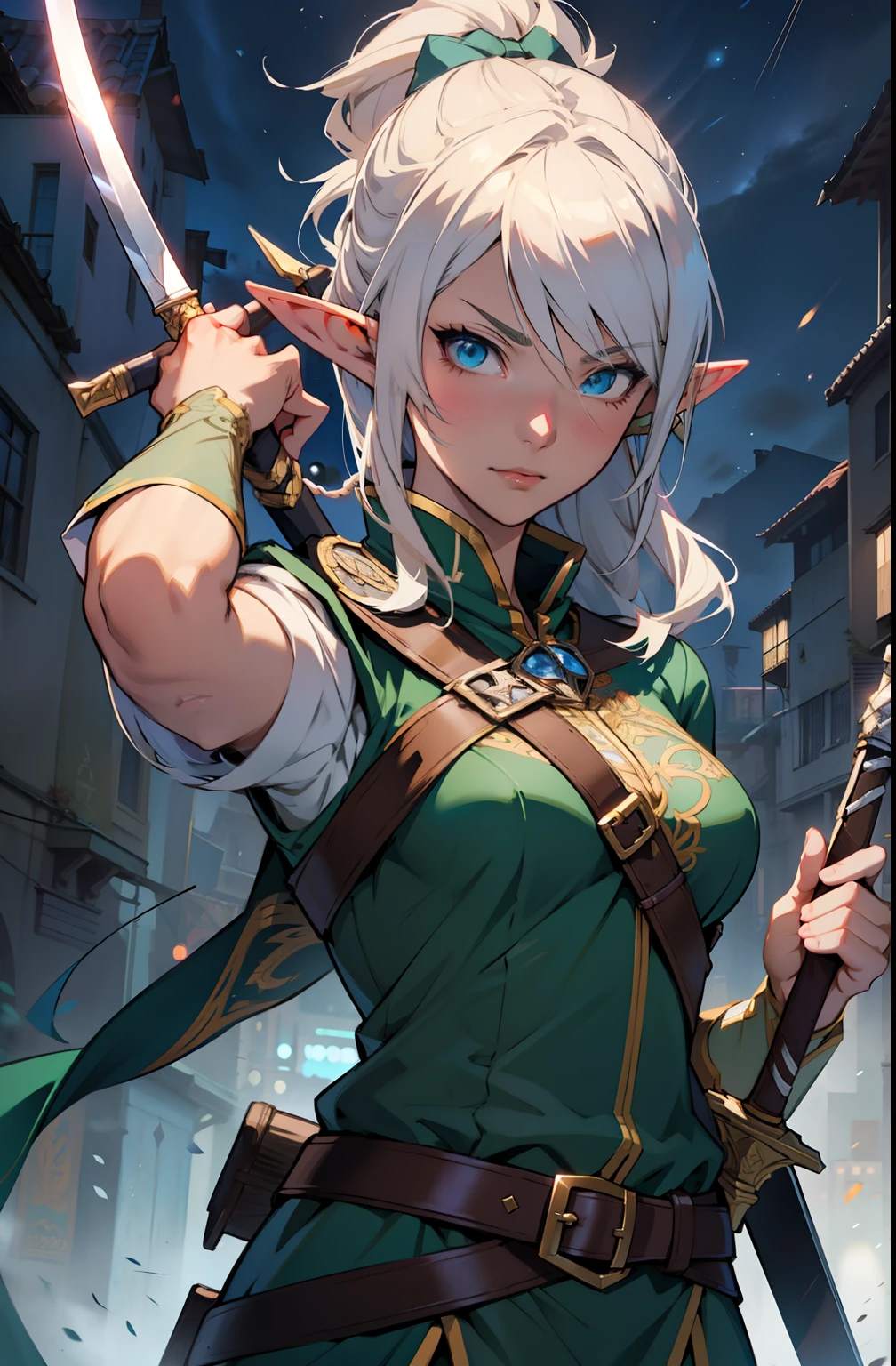 anime girl with sword in hand in a city at night, elf girl, artgerm and atey ghailan, extremely detailed artgerm, female elf, alluring elf princess knight, 2. 5 d cgi anime fantasy artwork, elf warrior, a portrait of an elf, artgerm lau, anime girl with a bow and arrow