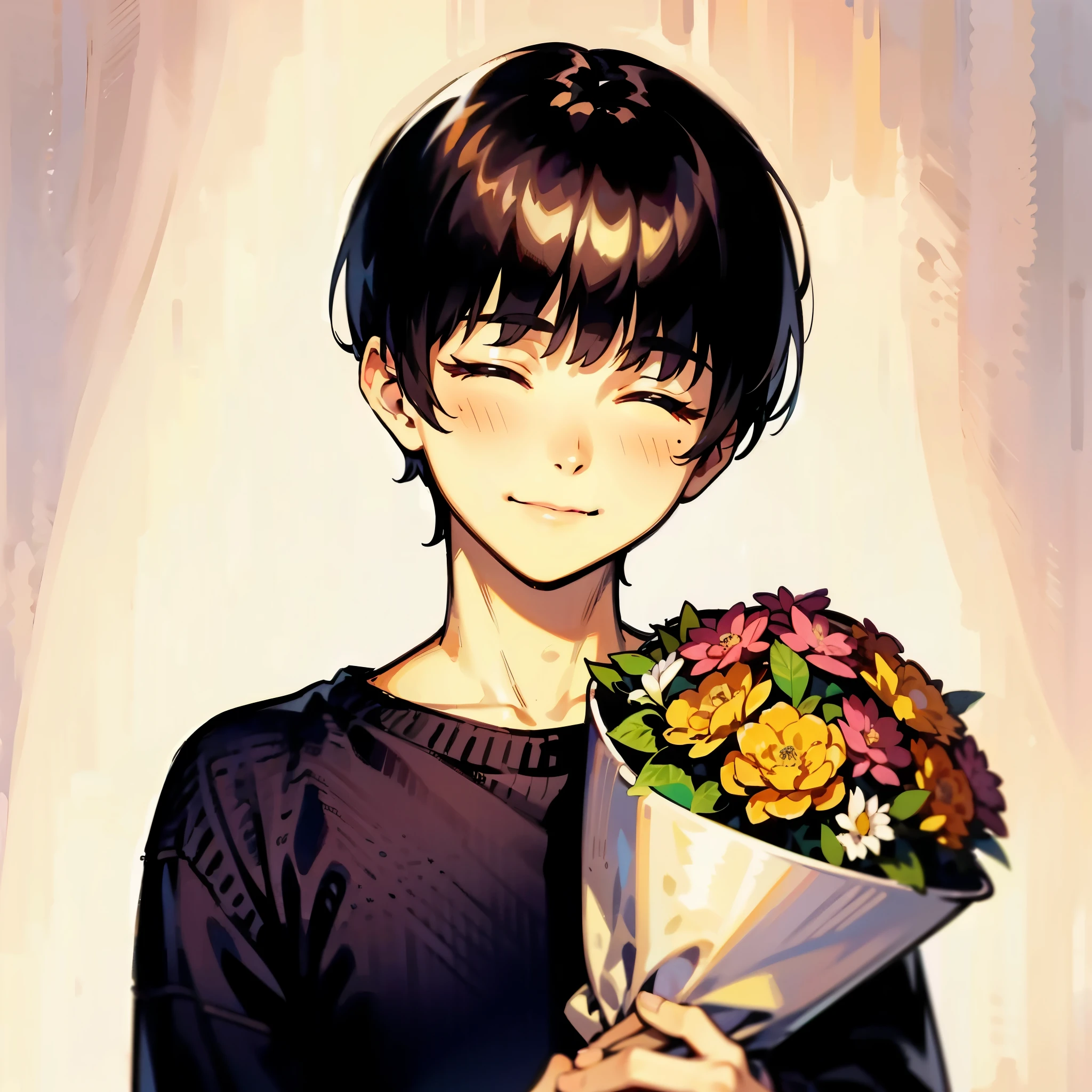 1boy, male, short black hair, bowl cut, blunt bangs, closed eyes, kind smile, blush, black ribbed sweater, holding a bouquet of flowers, ((solo)), ((best quality)), ((masterpiece)), portrait, looking at the camera, from the front, simple background, ((detailed)), ((perfect ???????)), ((detailed art)), ((high definition)), ((4k)), ((high resolution))