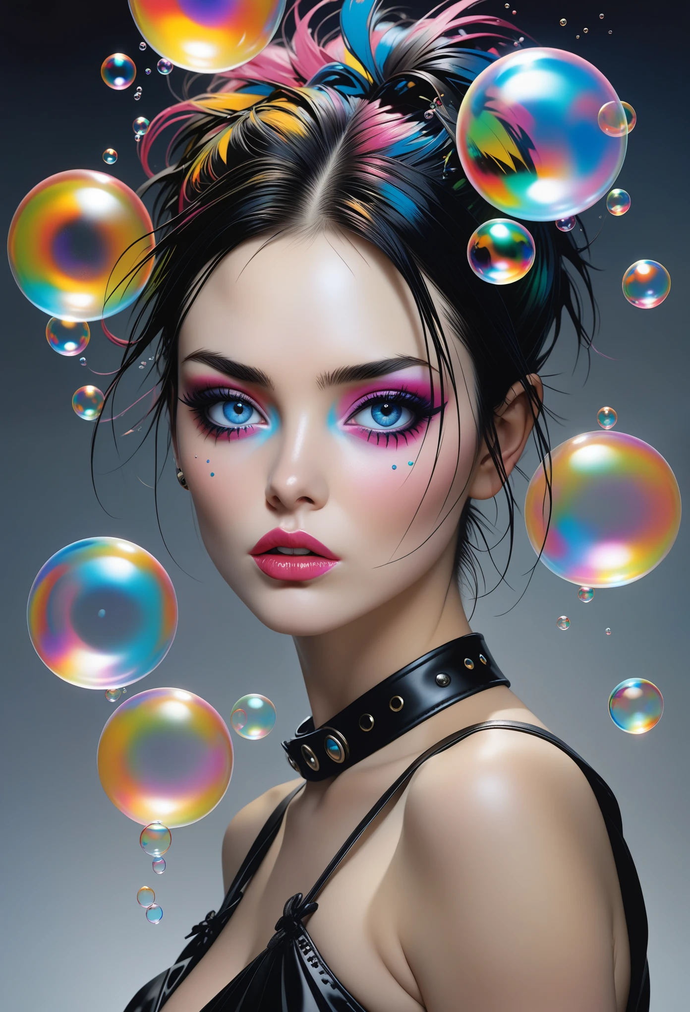 samdoesarts style drunken beauties like delirium in sandman, (Colorful soap bubbles that create hallucinations), author:Jeremy Mann, by Sandra Chevrier, author:Dave McCann (Dave Mckean)、Richard Avedon (Richard Avedon) and Maciej Kuciara (Maciej Kuciara), Punk rock, girl, high detail, 8K