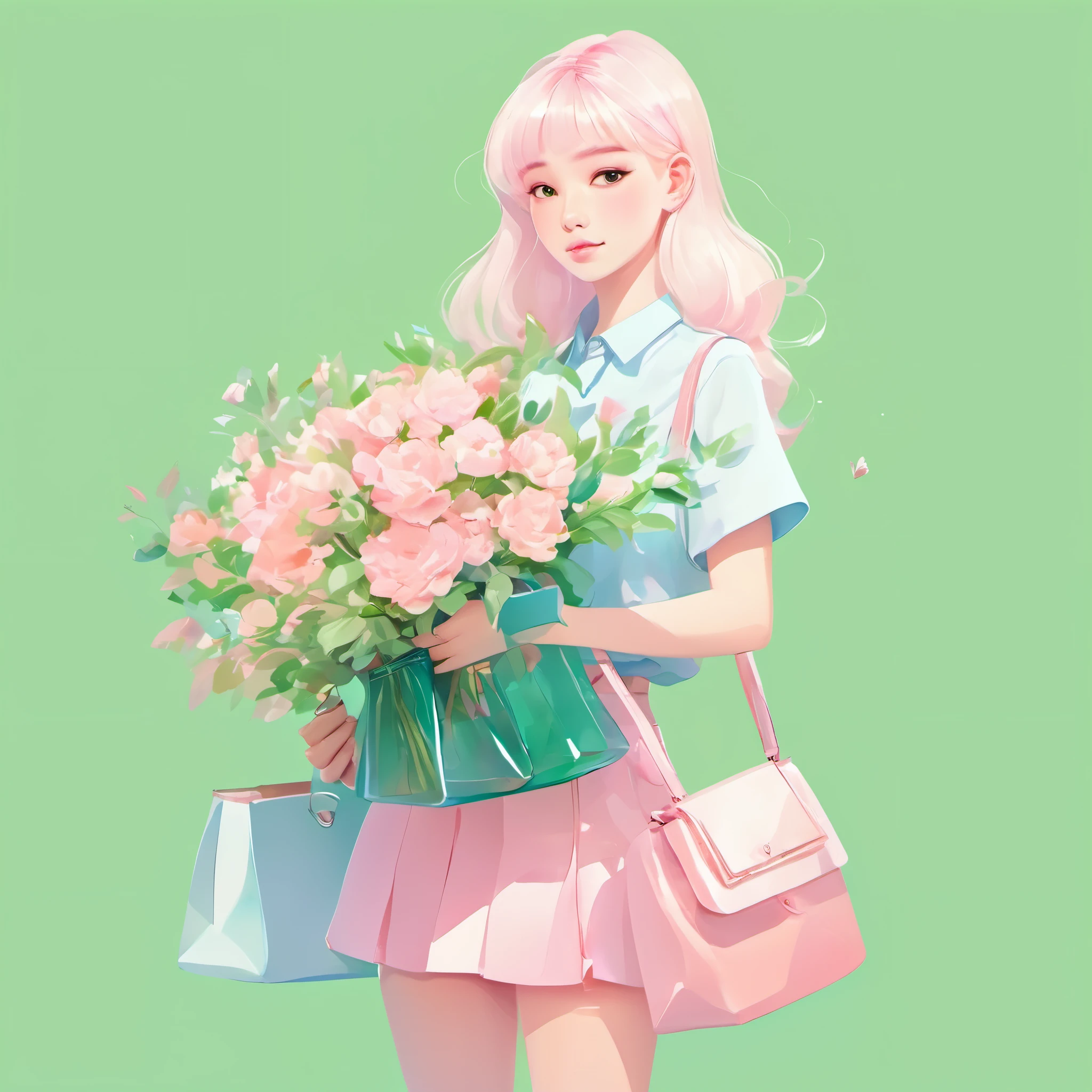 flat illustration，Minimalism，Geometry，abstract Memphis，anime portrait，close shot，holding a bouquet of flowers in hand，focus on face，*********** wearing light green shirt，Short pink skirt，Holding flowers in hand，Light pink canvas bag on shoulder，Long platinum blonde hair，Lane Blue Background，style expression，celluloid