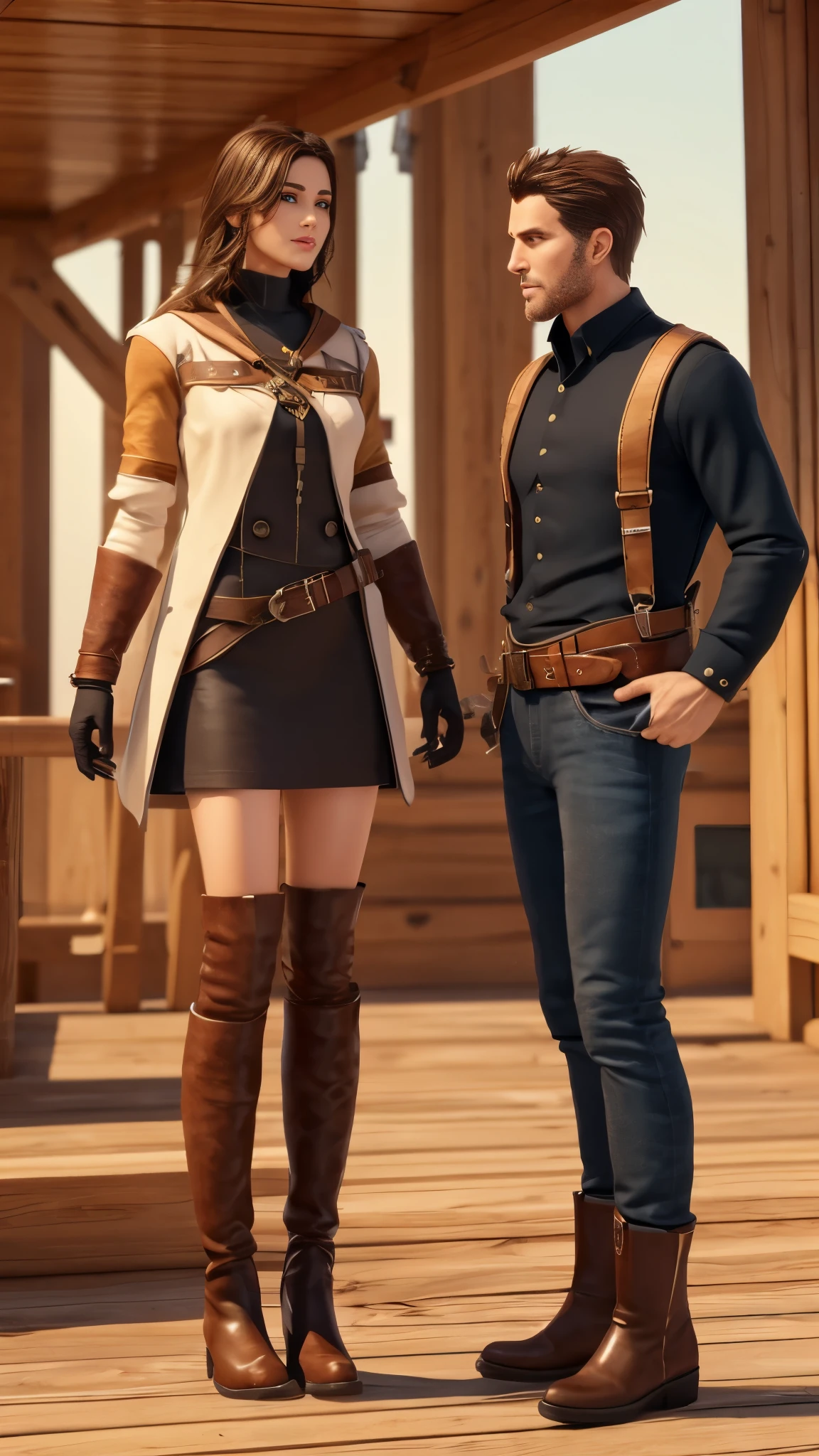mature men, very muscular, brown eyes, shoulder length brown hair, She wears a tan Greek-style efzonas with red details., tall black boots, outdoor, wooden ship deck, 8K, unreal engine, very detailed, elevation angle,,