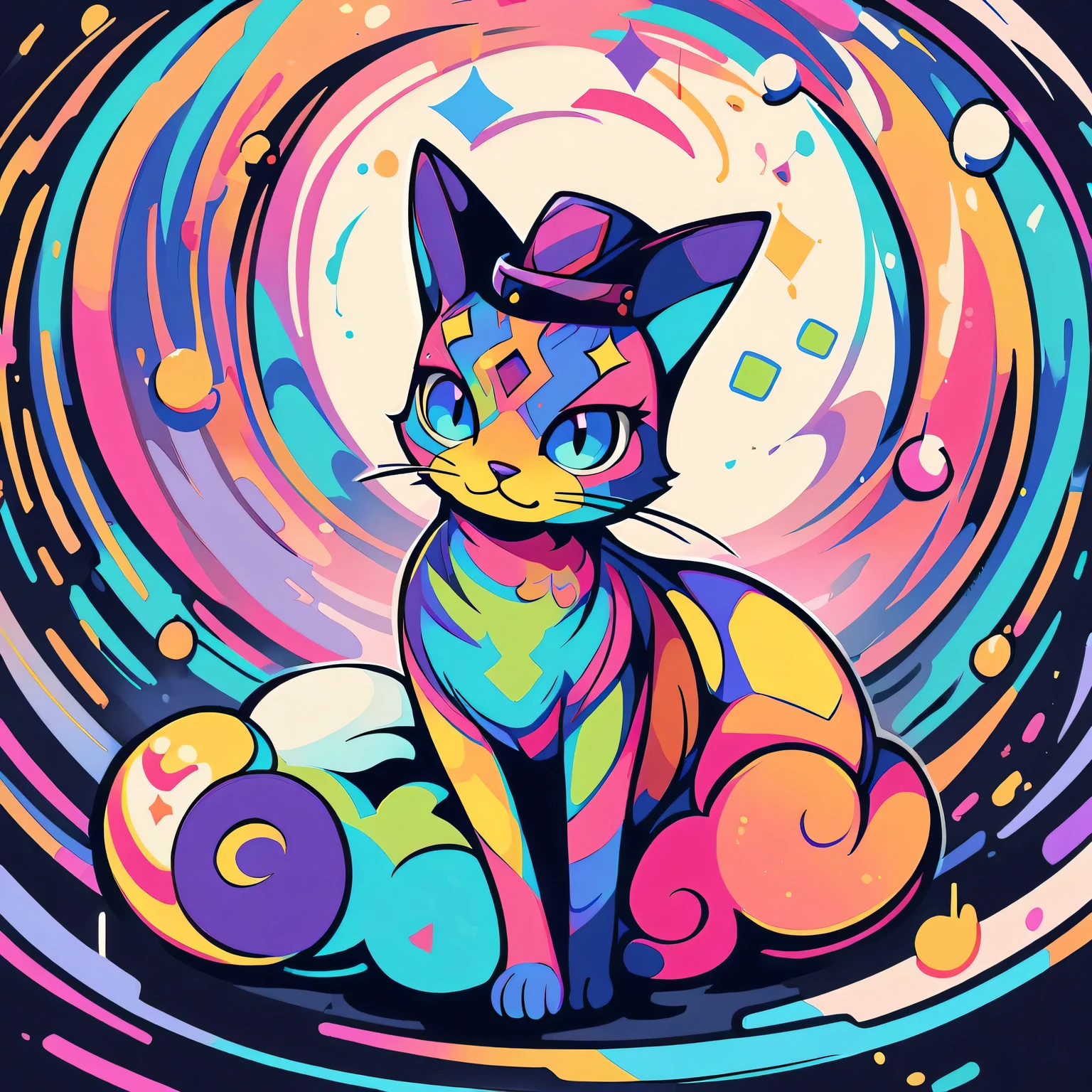 vector art,painted lines,(Fractal style:1.2),Full body painting of a cat,simple style,blank background,Centrosymmetric,hat