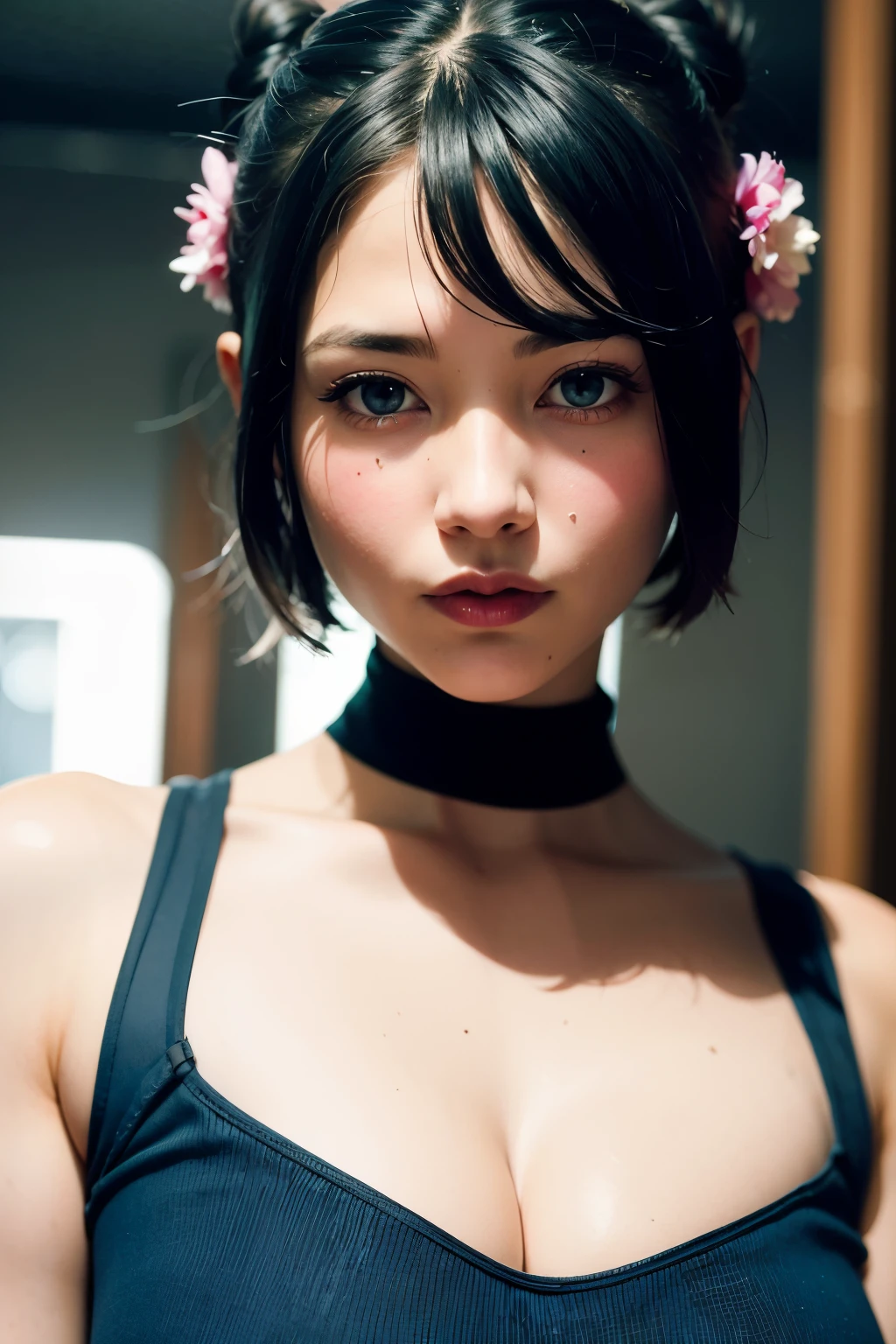 ((Best quality)), ((masterpiece)), (detailed), perfect face, young girl, black hair bun, blue tight fallout vault suit, sexy body, wasteland background, paolo roversi style, tim walker style, realistic, high quality, professional photography, photo by bella kotak, upper body shot, cinematic lighting, dynamic pose 