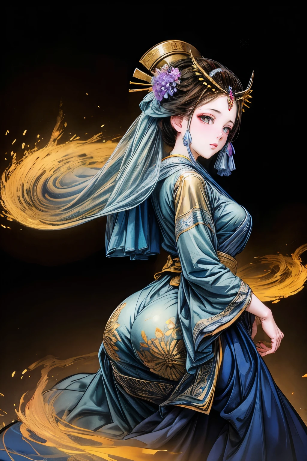 Burmese girl big ass Burmese dress flower painting very detailed, Soft light glow effect, cinematic look, beautiful hair