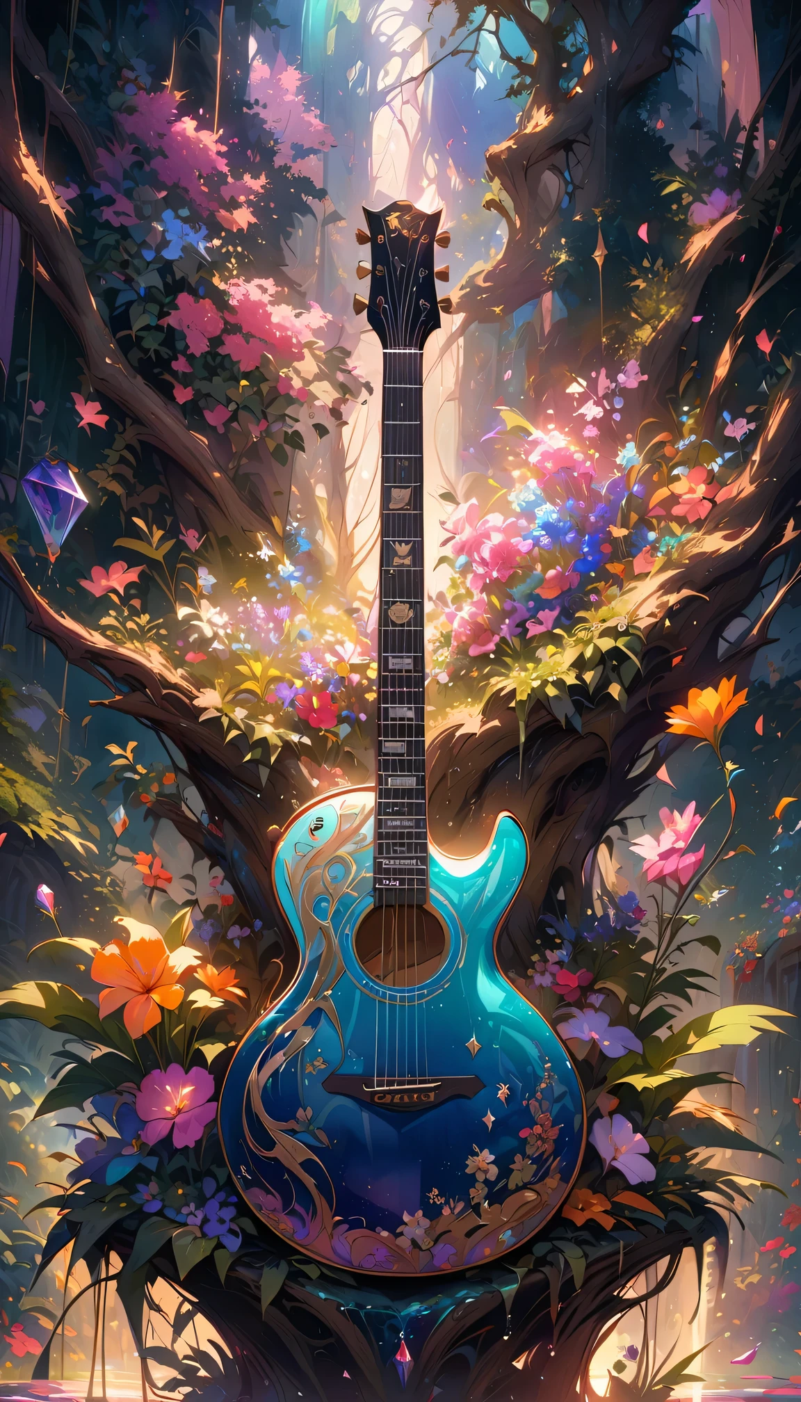 (best quality,4k,8k,highres,masterpiece:1.2),ultra-detailed,realistic,crystal-clear guitar carving,translucent morning of spring,sunlight reflection on guitar,body details,delicate strings,vibrant color palette,sculpting tools,hourglass figure,sound holes,elegant curves,polished surface,delicate engravings,effects of light and shadow,subtle reflections,shimmering surface,sparkling gemstones,flower petals falling,floral patterns,emerald accents throughout,transparent springtime essence,ethereal atmosphere,peaceful garden background,serene ambiance,morning dew,soft sunlight filtering through trees,lush greenery,vividly colored blossoms,harmonious blend of nature and art,impeccable craftsmanship,transcendent beauty,awe-inspiring artwork