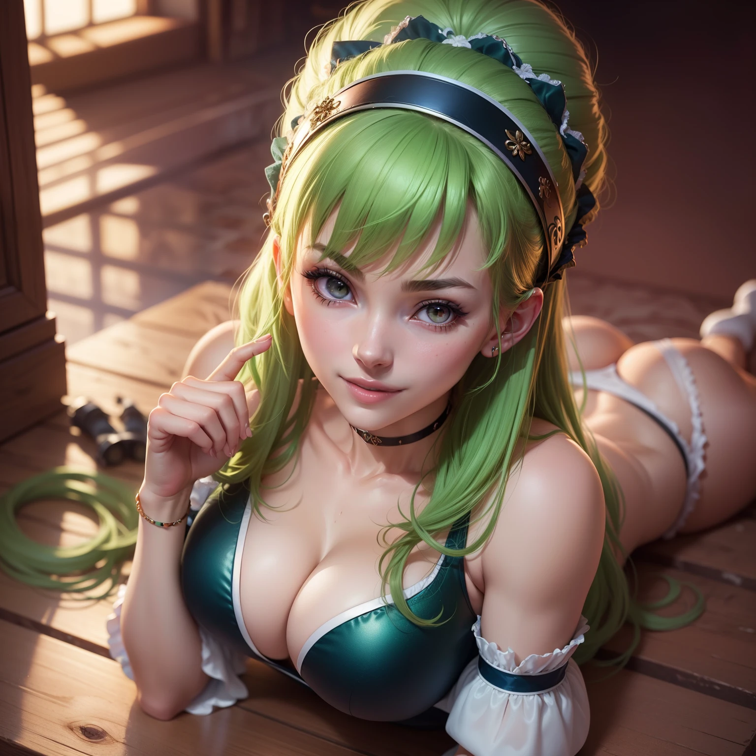 1girl, (personification of beauty and grace, sensual and seductive poses), flawless skin, toned physique, attractive look and expression, smile, NSFW, smooth armpit, Mariandale, pink breasts, ((photorealistic)), ((only 1 girl in picture)), green hair, tight dress, cleavage, masterpiece, high quality, seductive