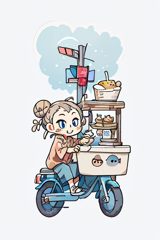 (sticker),#Quality(8k,best quality,masterpiece,cinematic),solo, #1 girl(cute, kawaii,small kid,blown hair,hair bun,chinese style,blue eyes,big eyes,smile,selling food at kiosk),#background(only kiosk,simple,white,sticker style)