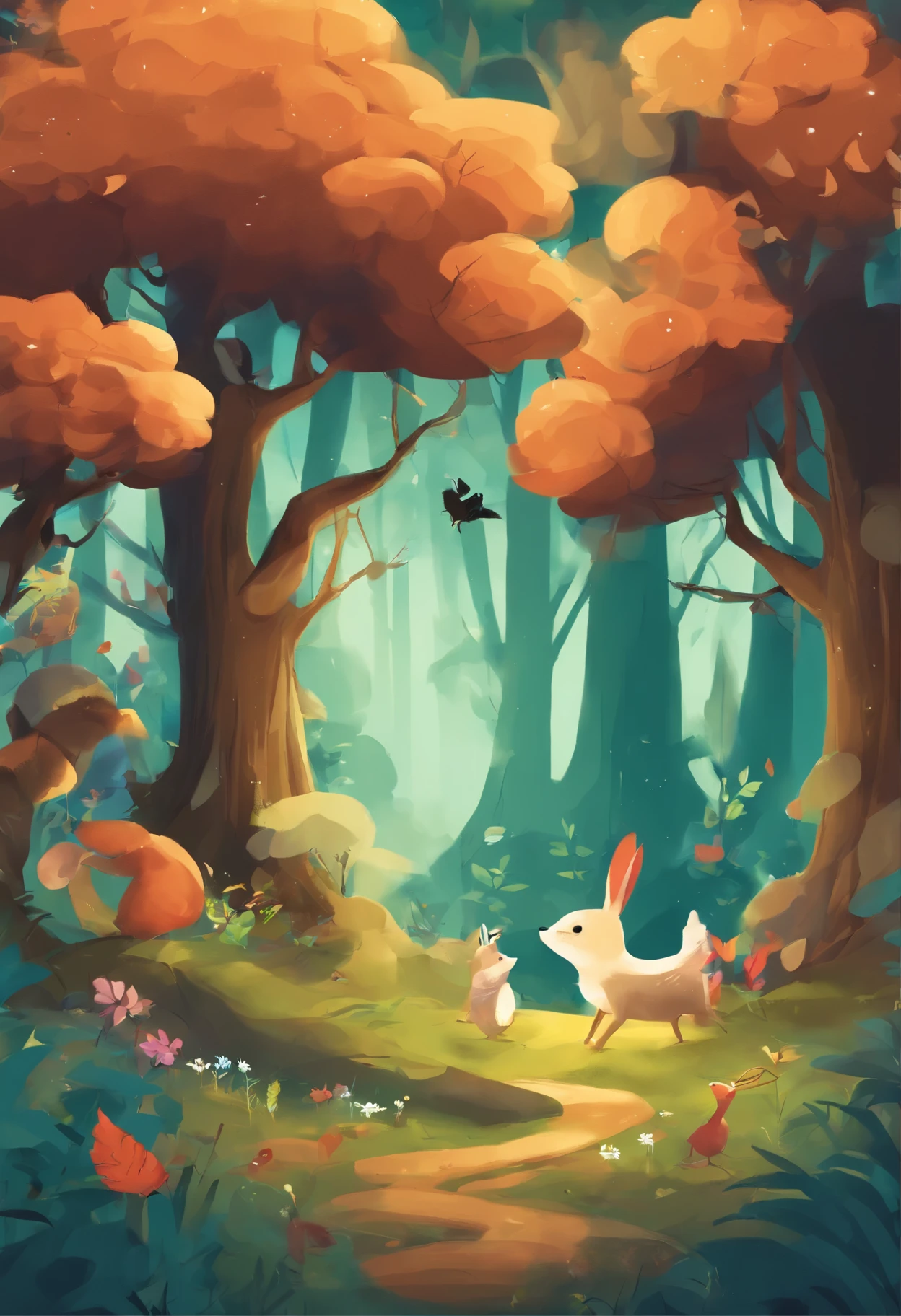 Cartoon forest scene with animals and birds in the forest., Un bosque con conejitos, a beautiful art illustration, lindo arte digital detallado, cute storybook illustration, fantasy enchanted magic forest, Magical Forest Background, official illustration, Escenas dentro del bosque., preciosa pintura digital, children's book illustrations, children's book illustration, children's book illustrations, children's book illustrations, Magical Forest Background