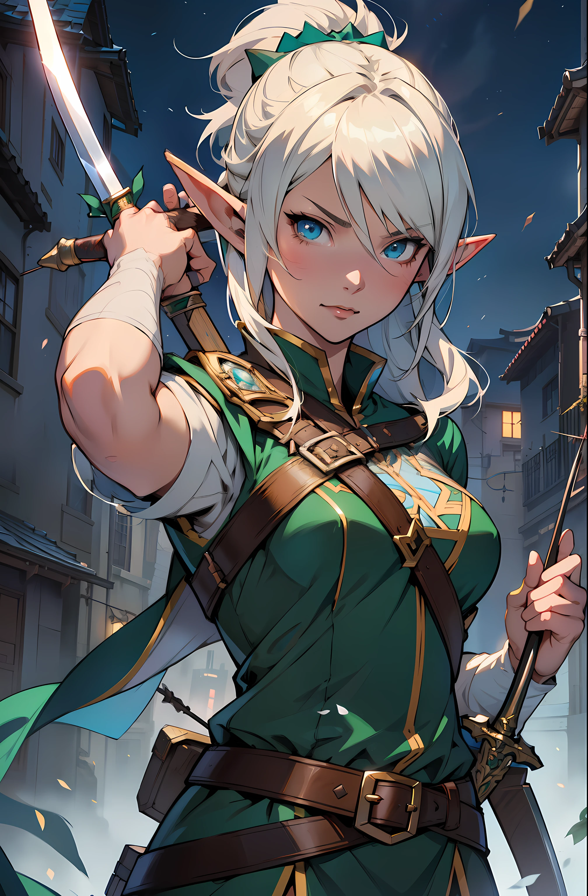 anime girl with sword in hand in a city at night, elf girl, artgerm and atey ghailan, extremely detailed artgerm, female elf, alluring elf princess knight, 2. 5 d cgi anime fantasy artwork, elf warrior, a portrait of an elf, artgerm lau, anime girl with a bow and arrow