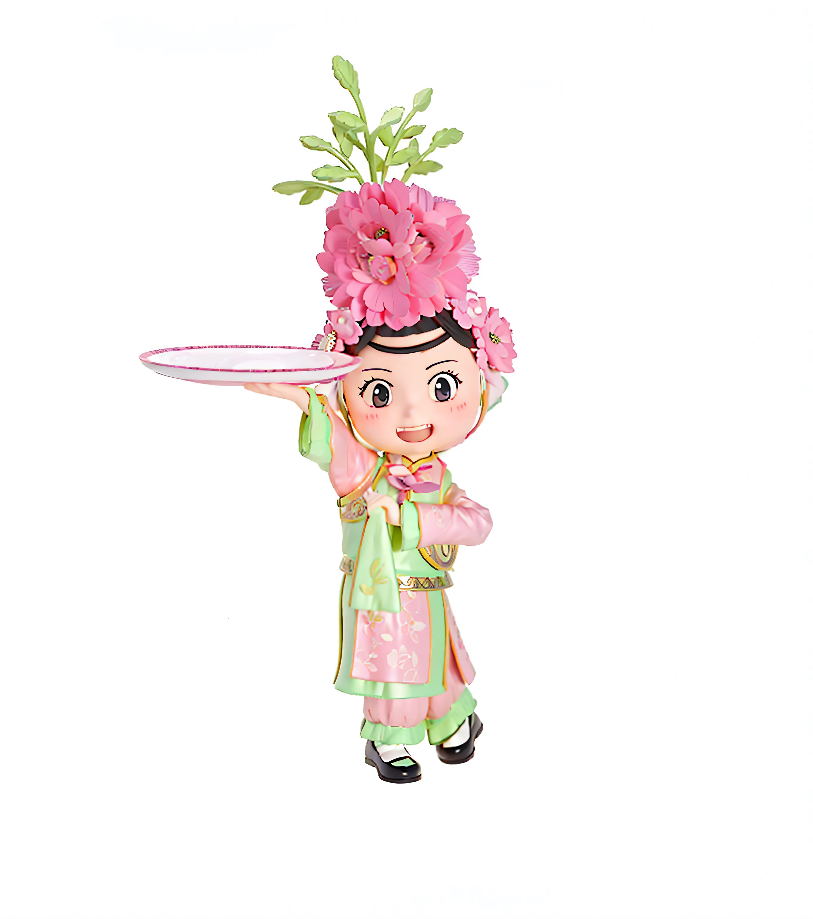 A Chinese girl wearing Yangko costume，flower headdress，Holding the plate with the left hand，Holding the handkerchief in the right hand，black shoes，feet crossed，Wearing pink and green Chinese Qing Dynasty palace clothes，The overall effect is that of a blind box ornament，3D rendering，plastic texture，Front view