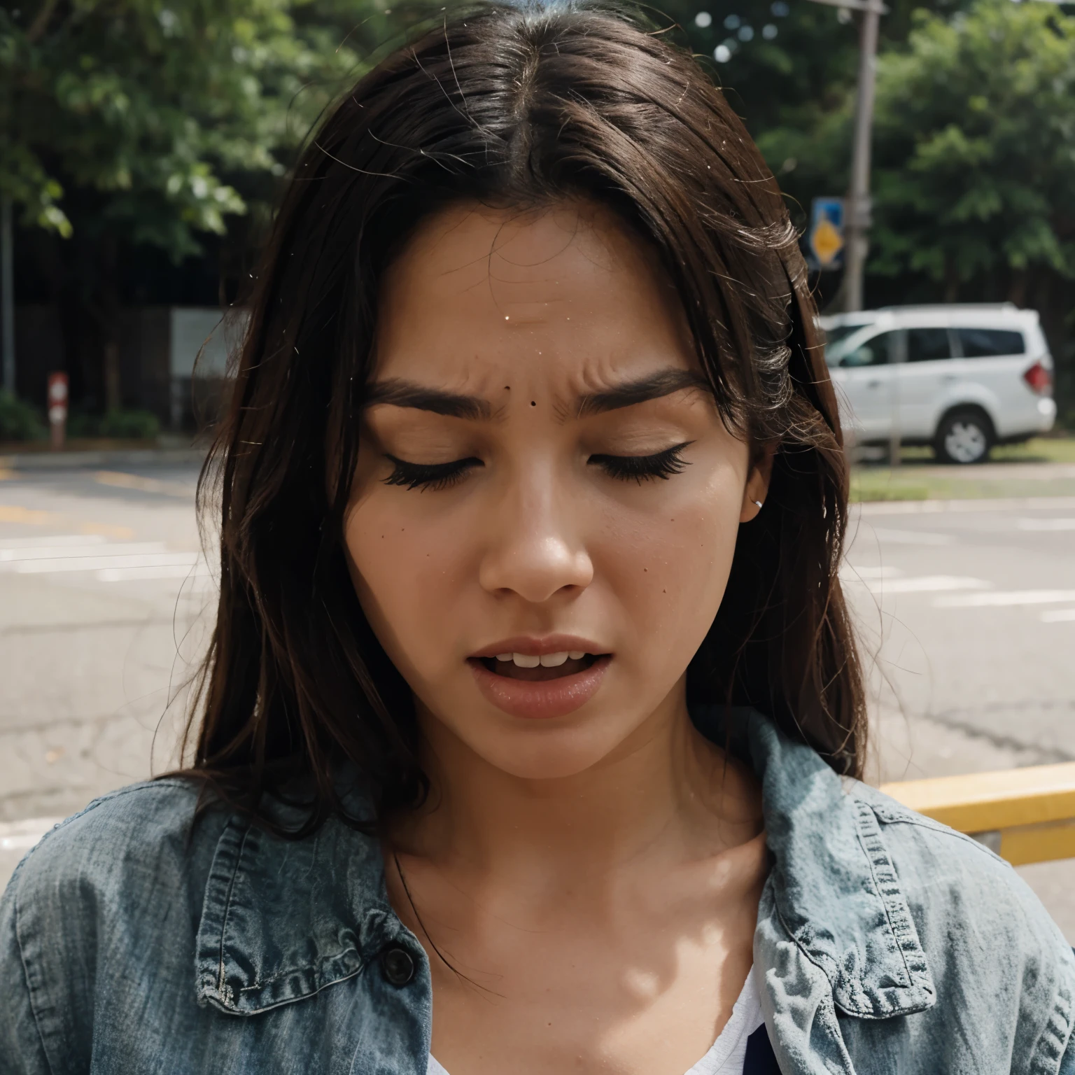 Woman sneezing out brain  freeze frame 