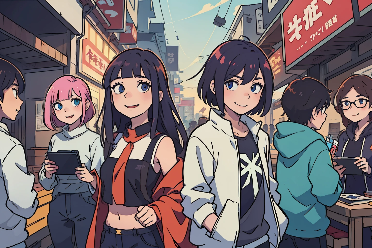 zero two / darling in the franxx ] wearing a mask, Barbaric |, by Kamisaka Sekka, Barbaric art style, beautiful art illustration, pixiv digital art, anime illustration, colorful illustration, supernatural art style, strange and dark art style, trending anime art, digital anime illustration, tumbler, by Yanagawa Nobusada, smile, 3 men、20th generation