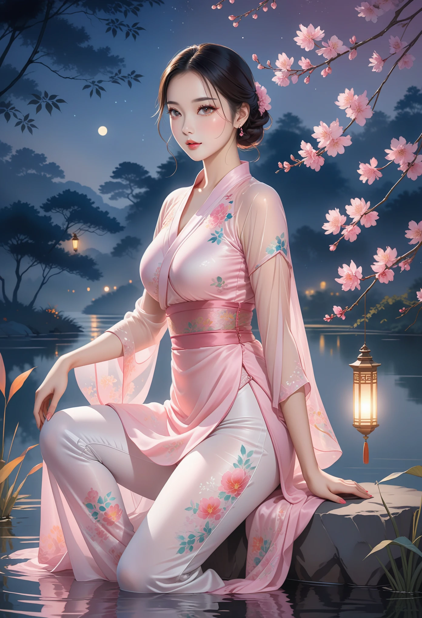 The art depicts a charming woman in a flowing, silky traditional oriental dress in pink, tight translucent trousers, decorated with intricate patterns and bright colors. Her dress drapes elegantly over her curvy figure, accentuating her seductive silhouette. She stood gracefully by the tranquil lake, bathed in the soft glow of the moonlight. The scene exudes an ethereal and dreamy atmosphere, with a touch of mystery and sexiness. The graphic style blends watercolor and digital illustration techniques to evoke a refined beauty and charm. The lights are filled with soft moonlight, casting soft highlights and shadows on her charming features. Bare thighs, wearing tight translucent pants, large breasts, three-dimensional facial features, sitting, upturned legs, side braids