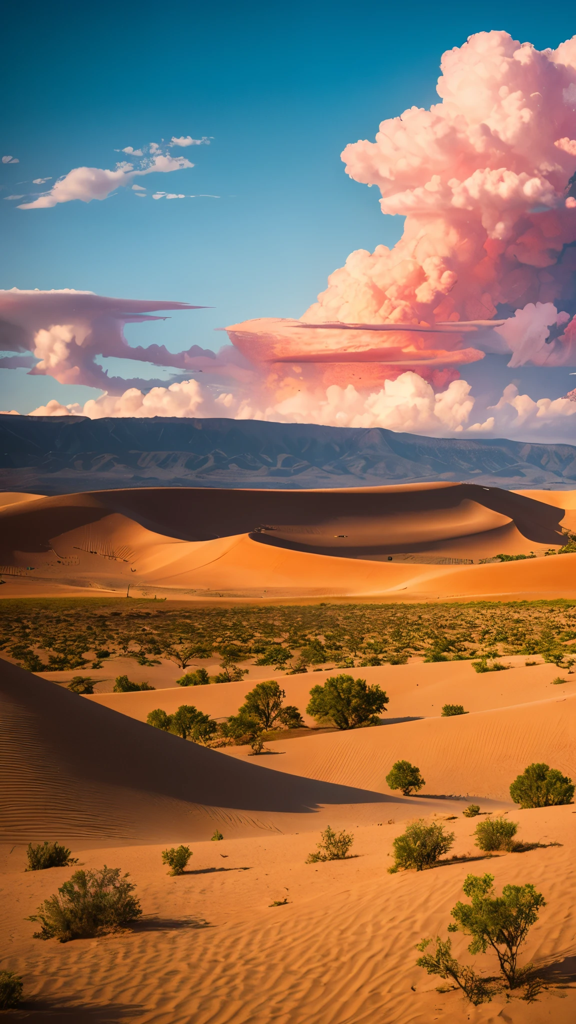 summer, desert, pink clouds, land where roses grow, james gurney, art station rendering, ultra wide angle lens, High resolution