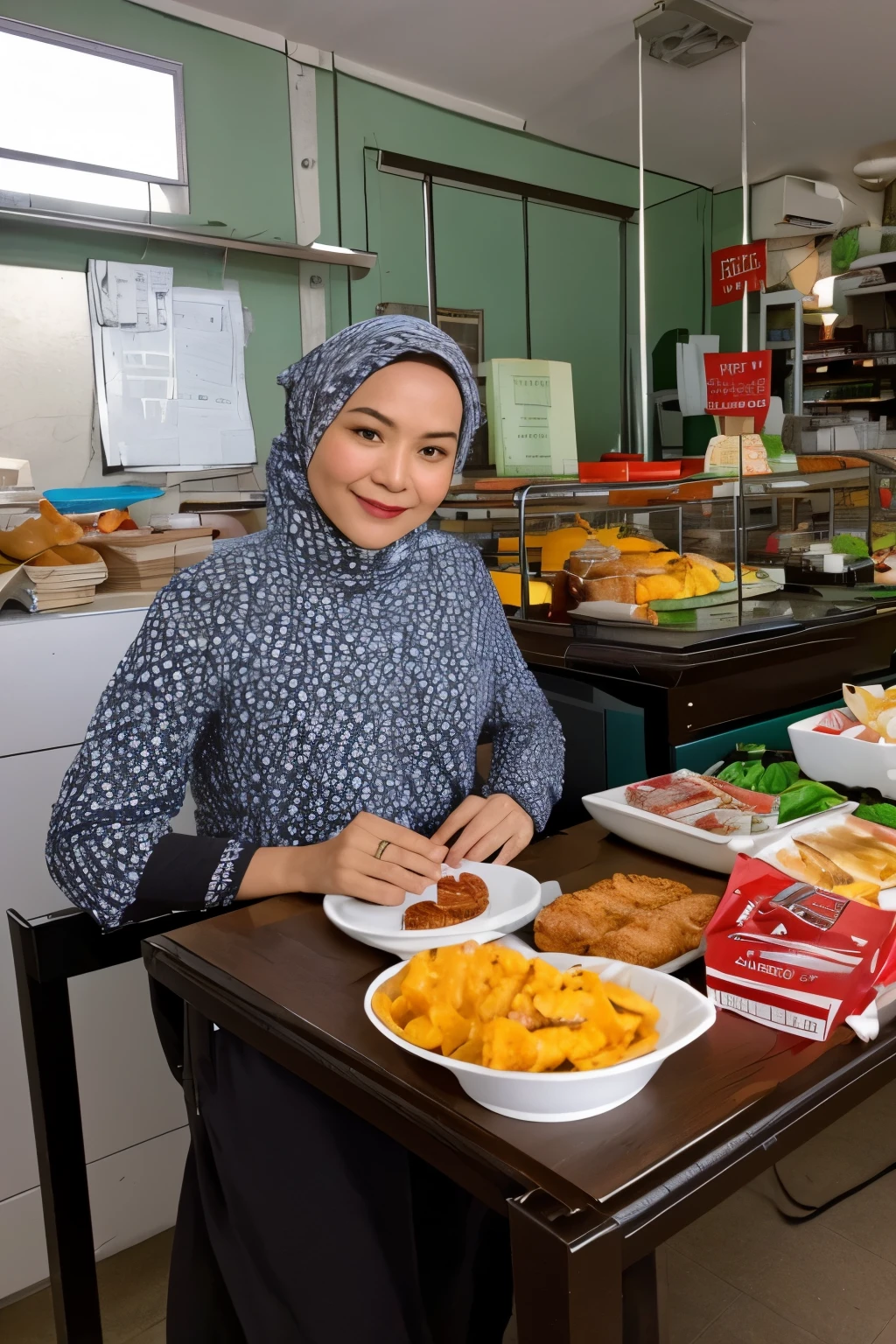 A 40 years women, wearing hijab,wearing traditional malay suit, hold full plastic food