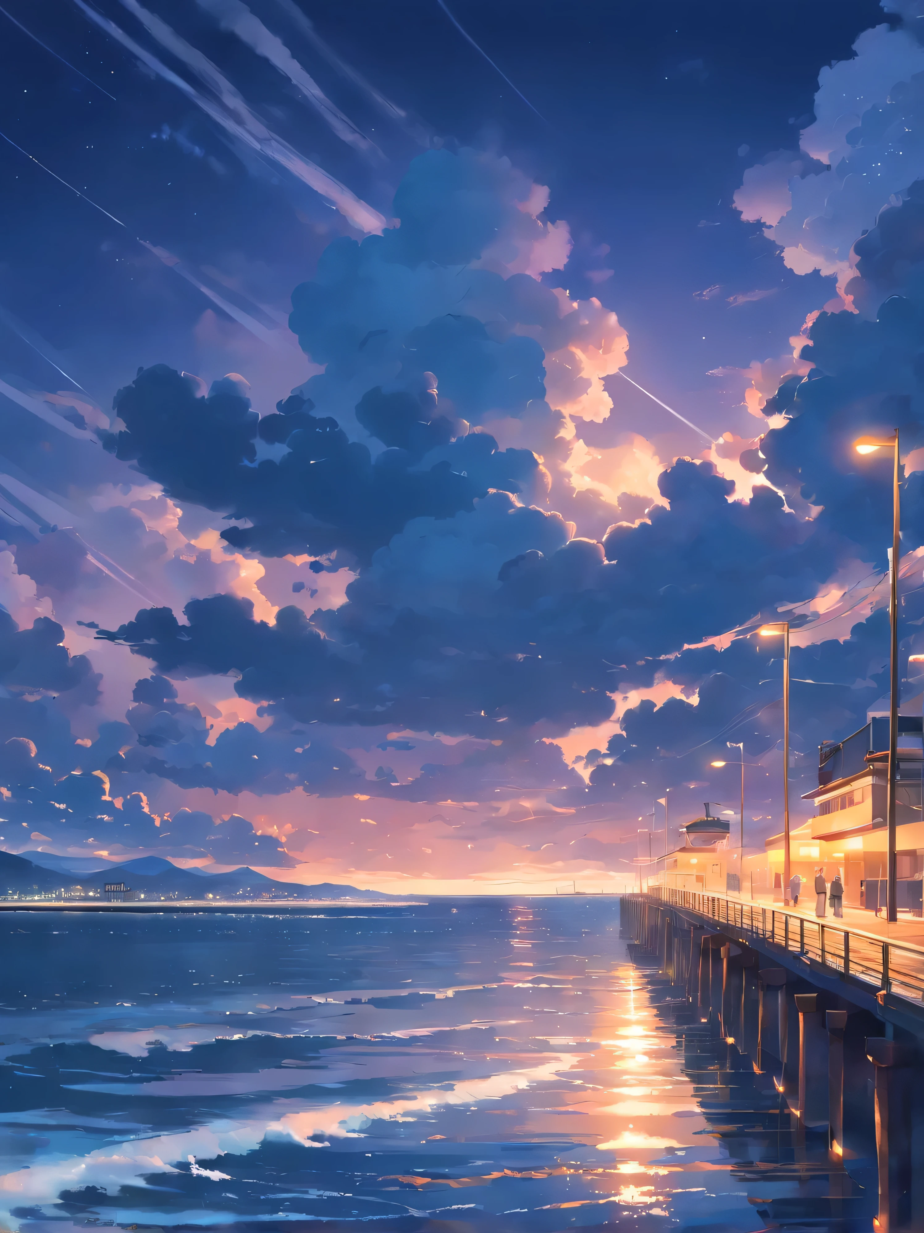 masterpiece、best quality、movie steel The South winter Have background cloudy night Multiple clouds calm sea Breakwater cloud temporary embarkation grey
