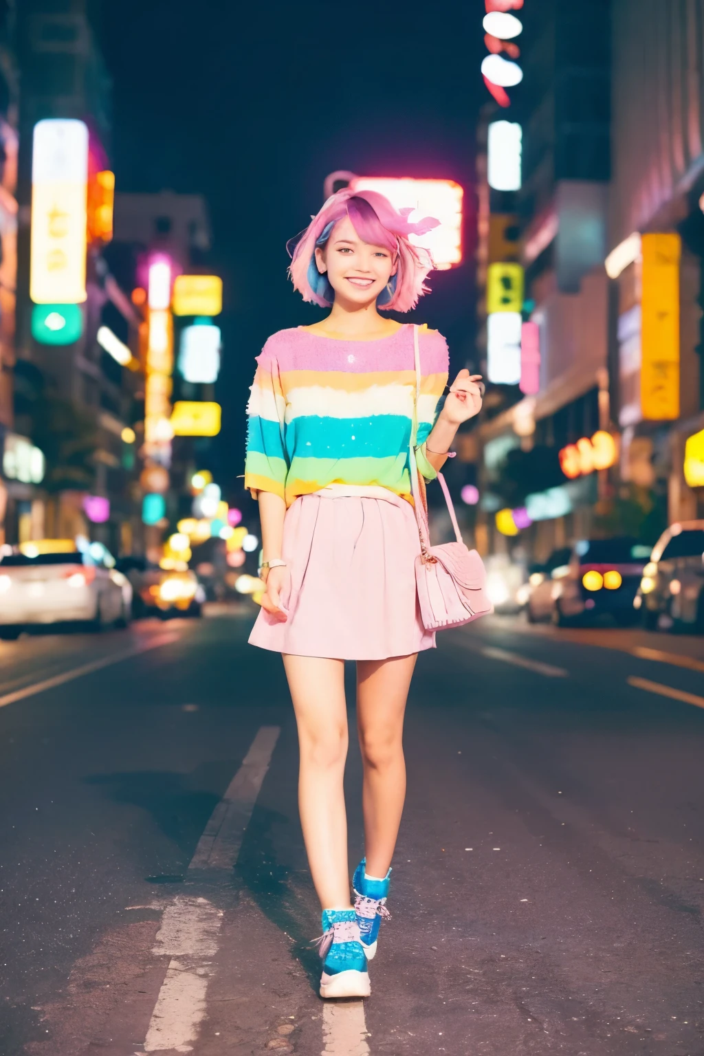 (high quality), (vibrant colors:1.5), cute Japanese pop star, female, early 20s, colorful and trendy outfit, (sparkling eyes:1.3), (bright smile:1.2), fashionable, trendy accessories,
BREAK
posing in a stylish, yet playful manner, urban backdrop with neon lights, (soft bokeh effect:1.1), (youthful energy:1.3), (casual yet fashionable footwear:1.1),
BREAK
(light pastel tones mixed with vibrant splashes of color:1.4), short and stylish hairstyle, accessorized with cute hairpins, wearing light makeup that enhances natural beauty,
BREAK
interaction with the camera that suggests friendliness and approachability, (warm and inviting atmosphere:1.2), (dusk or twilight timing for soft lighting:1.1)