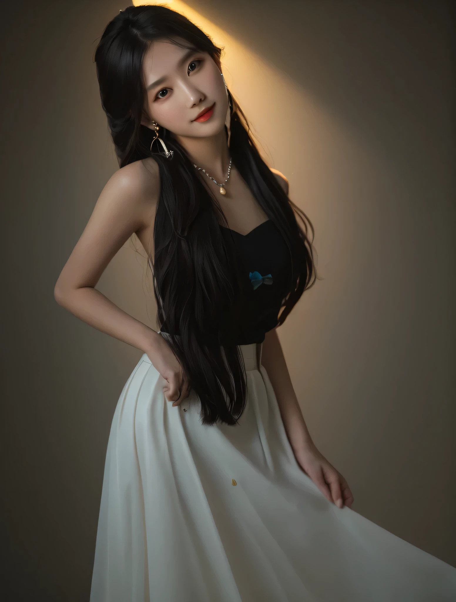jujingyi, 1 girl, alone, long hair, view viewer, black hair, white skirt, whole body,standing posture,